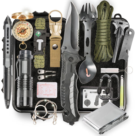 Gifts for Men, Teen Boy, Dad, Husband, Boyfriend, Brother. 20-in-1 Adventure Survival Kits - Camping Hiking Essential Gear and Wilderness Adventures Disaster Prepasredness Kit