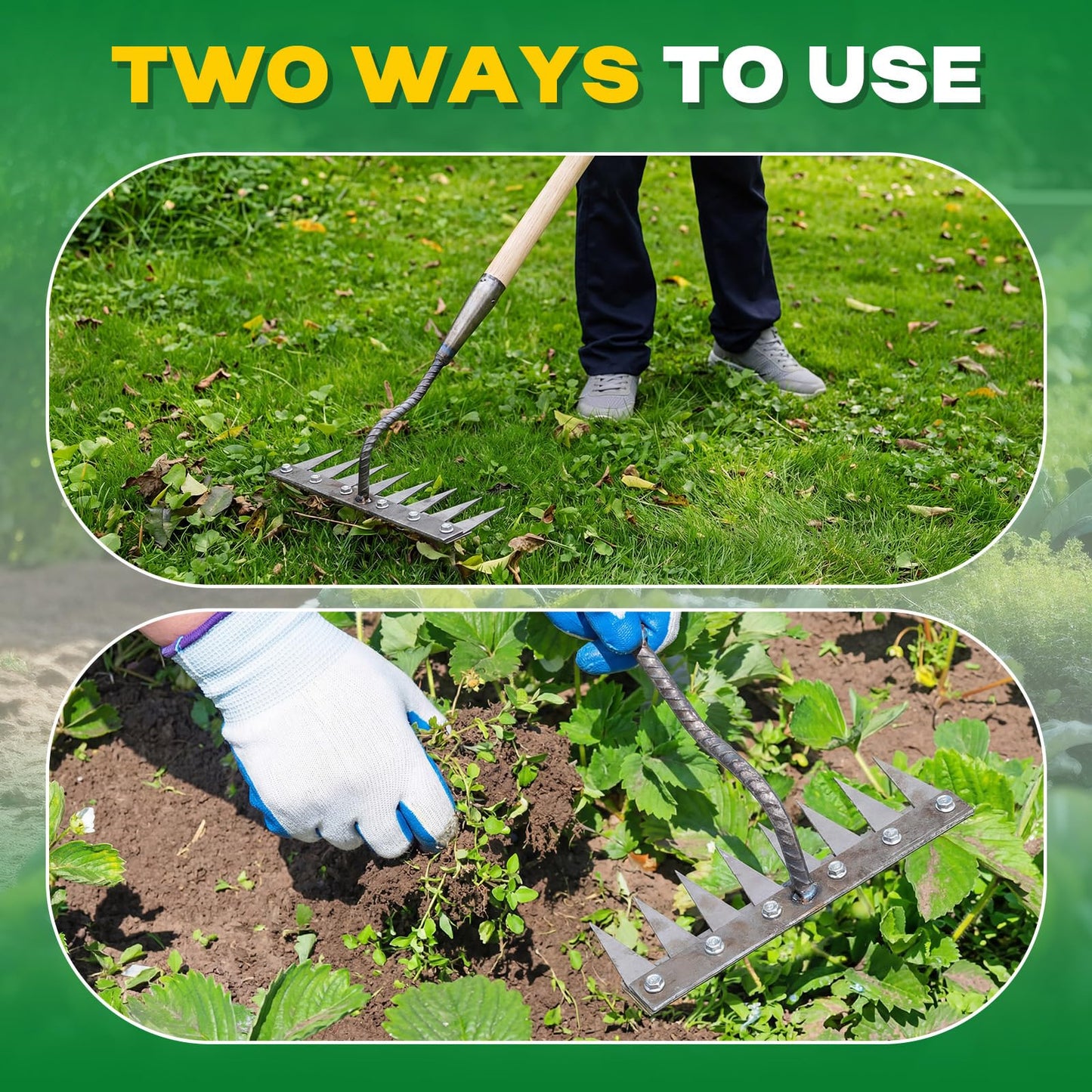 Oh Klyzo 8 Teeth Garden Weeding Rake Set, Heavy Duty Carbon Steel Garden Weed Puller Tool with Gloves for Weed Loosening Soil Leveling Thatch Rake, Sharp Blade, Quick Weeding, Without Handle