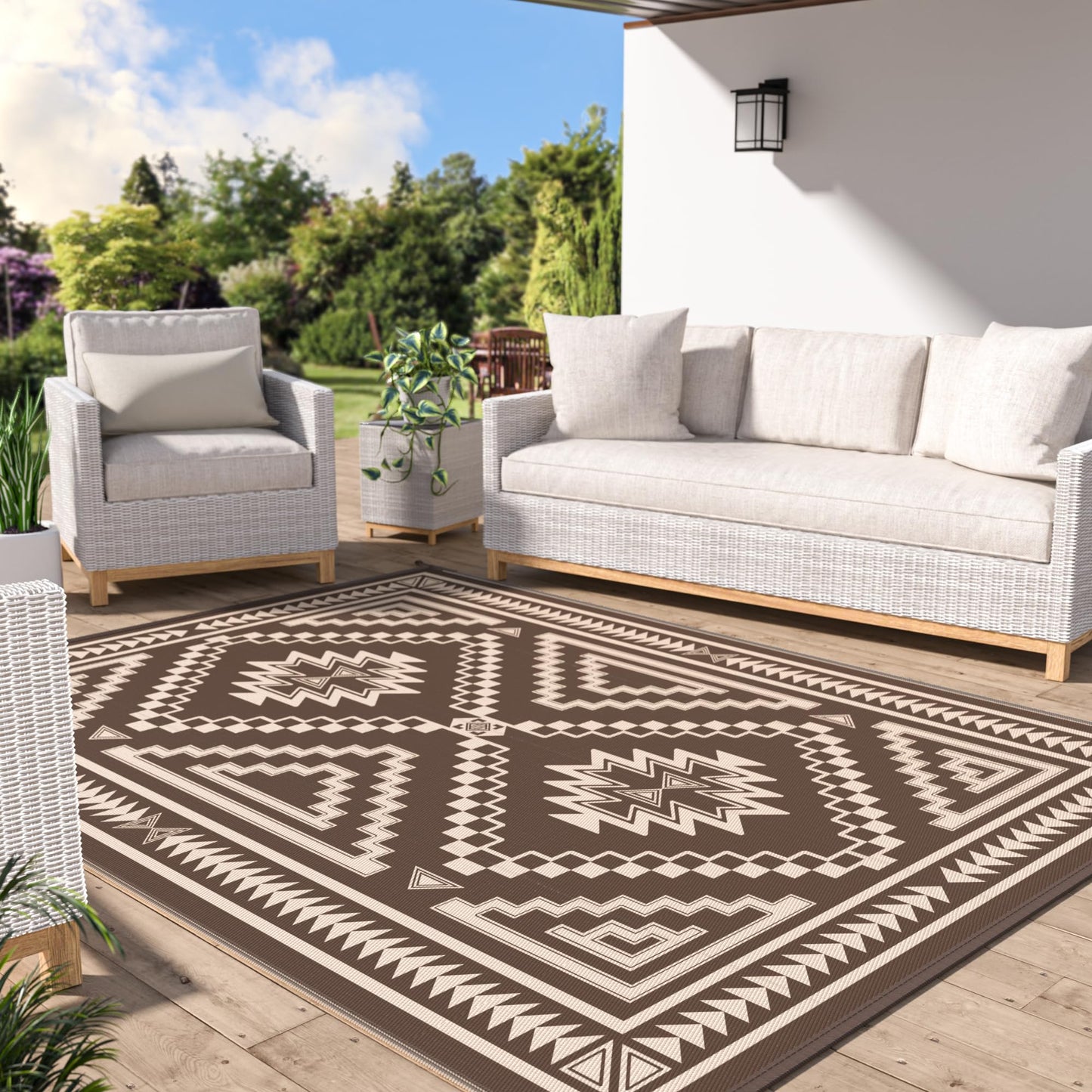 GENIMO Outdoor Rug for Patio Clearance - 8x10 ft Waterproof Plastic Camping Rugs, Reversible Outside Rv Mat Carpet for Porch, Deck, Picnic, Balcony, Beach, Backyard, Coffee Beige