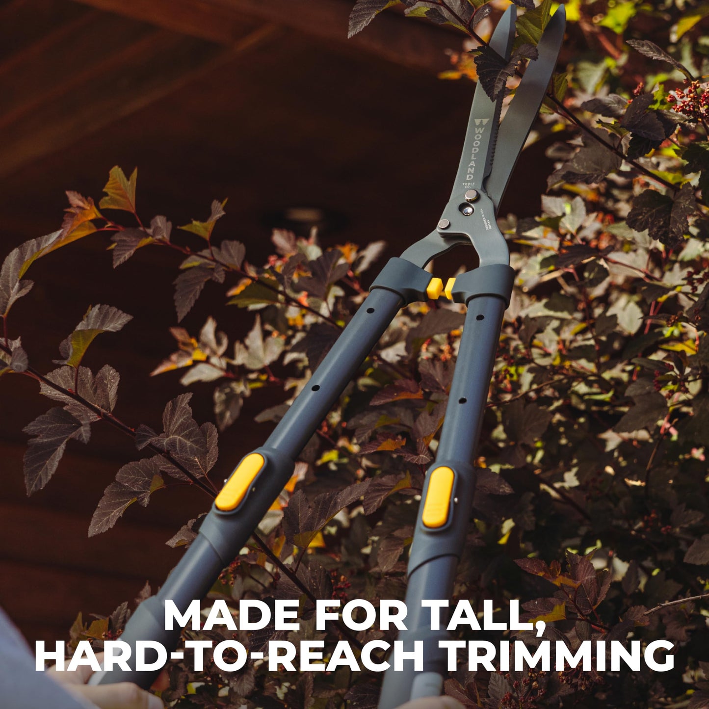 Woodland Tools Heavy Duty Extendable Hedge Shears, 25 to 32 Inch Telescoping Hedge Clippers with 10 Inch Lever-Assist Blades and Non Stick Coating, Manual Trimmer for Bushes and Shrubs