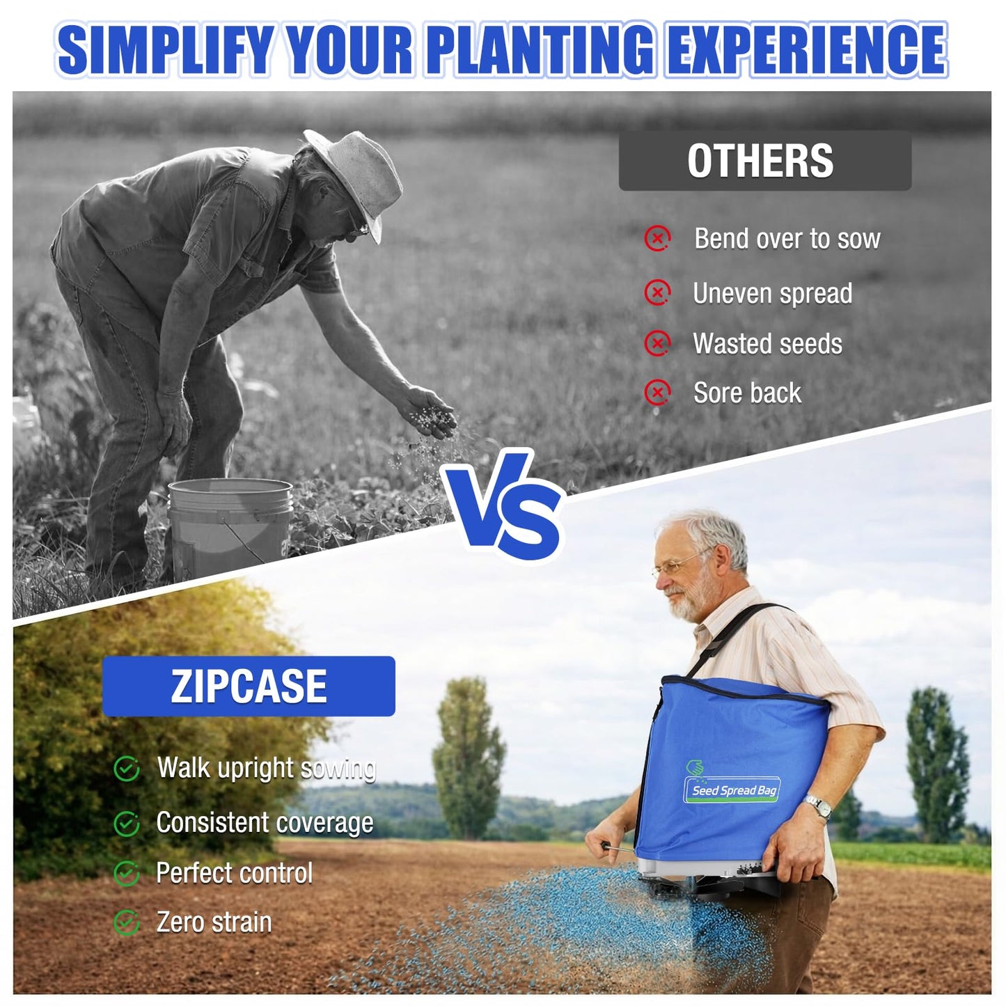 Zipcase 25lb Bag Seed Spreader with Waterproof Bag, Rare Baffle and Accurate Gears, Handheld Grass Seed Spreaders for Lawns, Blue