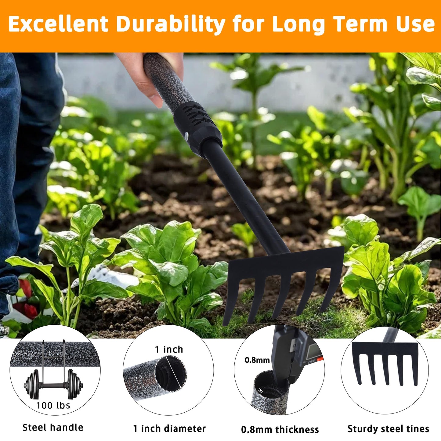 KLDOLLAR Hand Rake, Adjustable Handle Garden Small Rake Garden Tool, Heavy Duty Hand Tiller Cultivator with Soft Foam Grip, Mini Rakes for Weeding Tilling Soil Loosing Planting