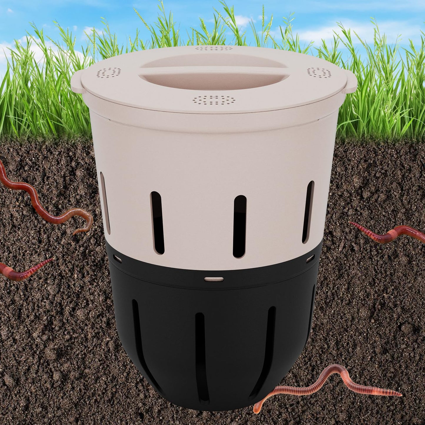 Inground Worm Composter, Outdoor Underground Worm Farm 3.3 Gallons, Garden Worm Compost Bin from Kitchen Food Waste, Black+Gray (10.7x10.7x13Inch)