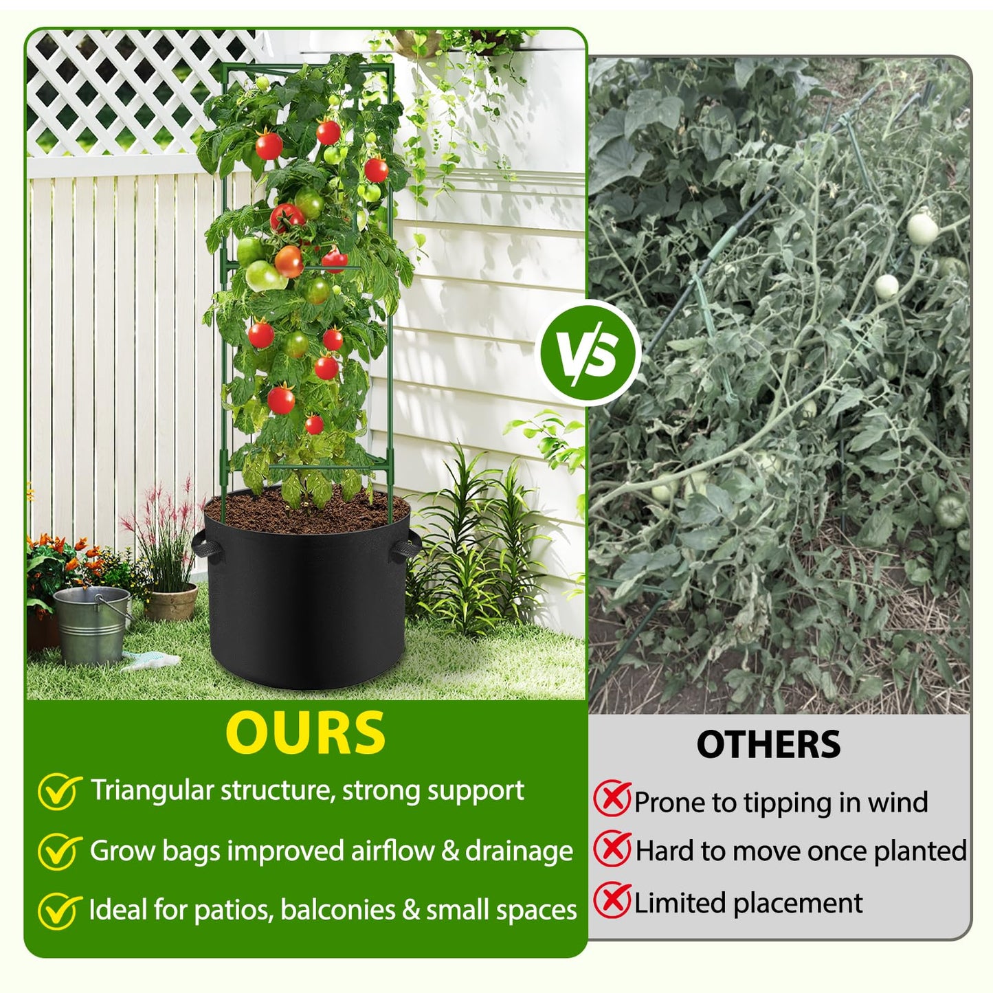 Suntee 3 Pack Tomato Cage with 10 Gallon Grow Bags, 48 Inch Tomato Cages for Garden Patio Balcony, Adjustable Height Tomatoes Plant Support for Climbing Vegetables Plants Flowers