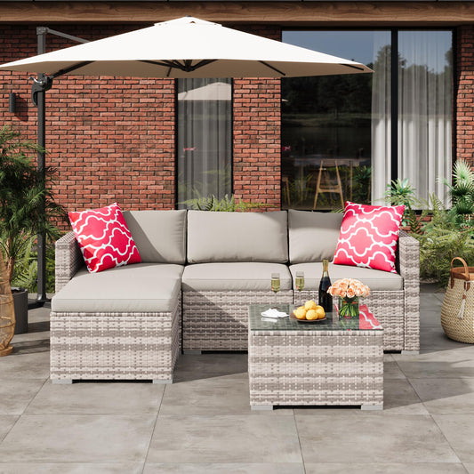 PeakPursuit Outdoor Patio Furniture Set, 5 Pieces Rattan Patio Conversation Sets with Glass Coffee Table and Cushion,All Weather Outdoor Patio Sofa for Garden, Poolside, Backyard,Light Grey
