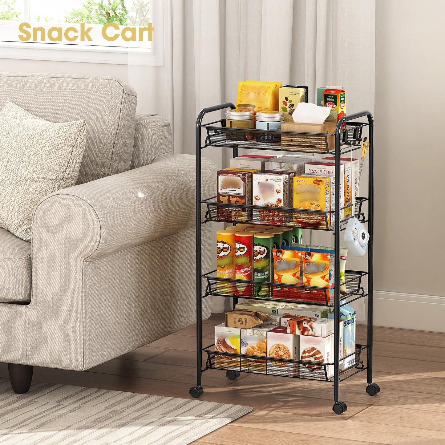 TOOLF 4-Tier Rolling Cart, Metal Utility Cart with 3 Hooks, Easy Assemble Mobile Storage Trolley On Wheels, Metal Shelving Units Kitchen Bathroom Laundry Room