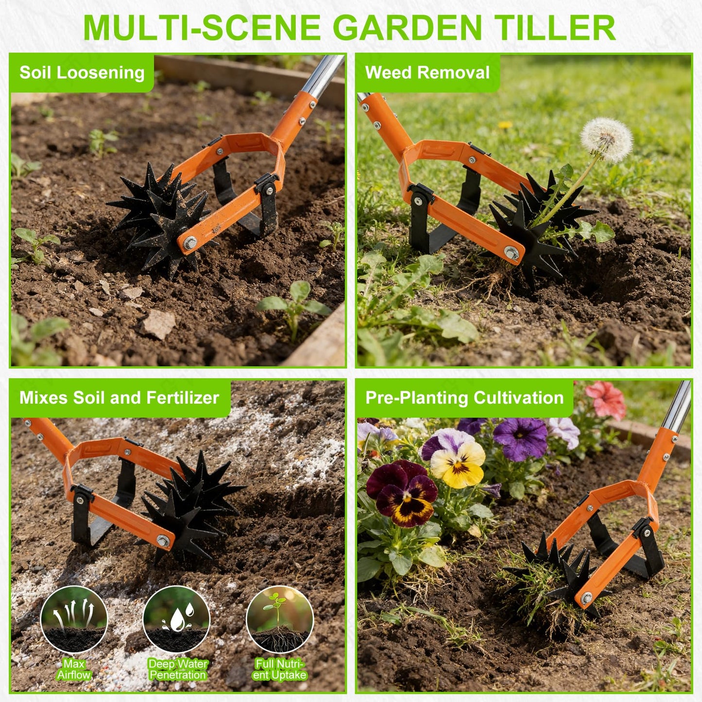 Rotary Cultivator - 43"-72" 4-Piece Threaded Stainless Steel Handle, 6" Hardened Steel Tines, for Lawn Aeration, Soil Loosening & Grass Reseeding