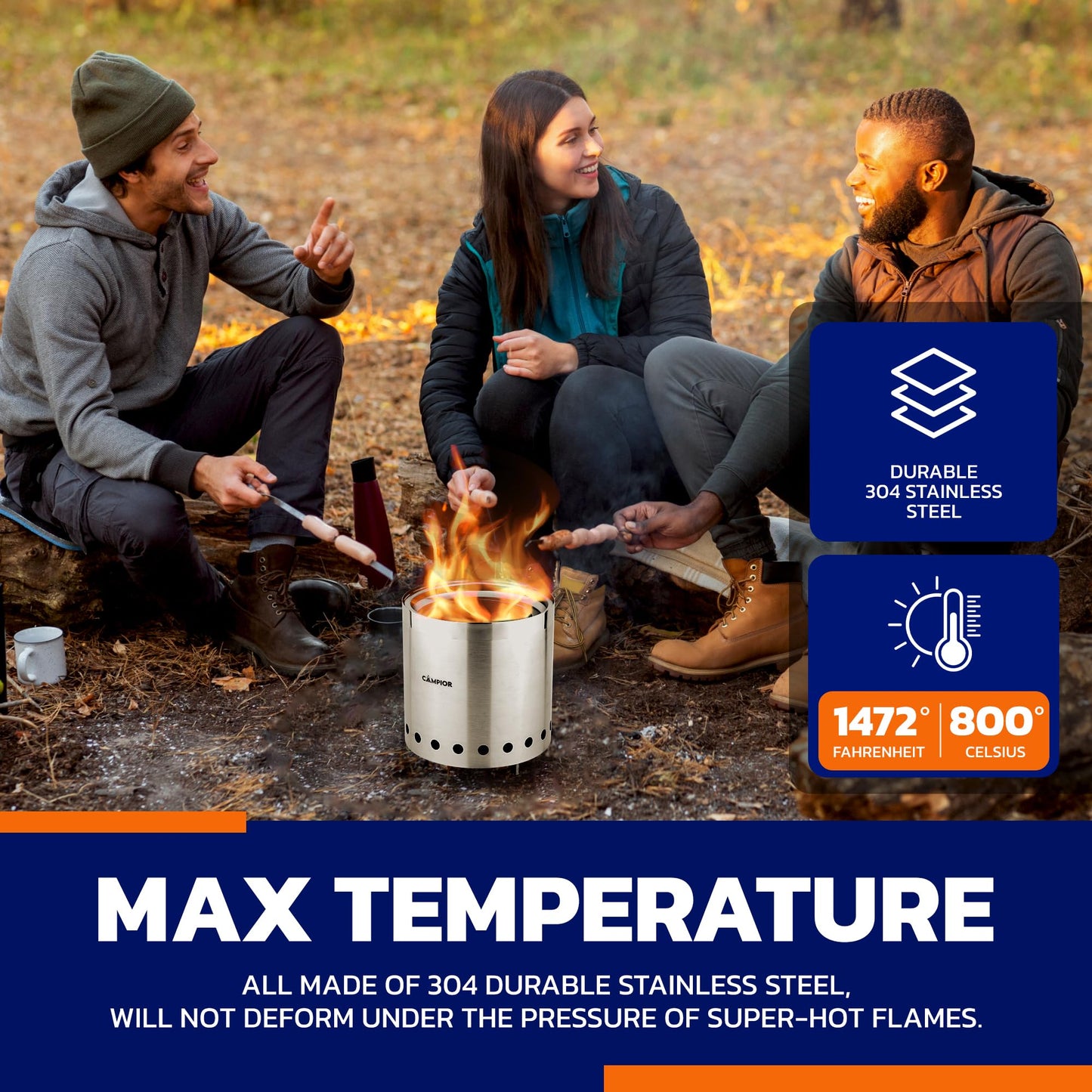 CAMPIOR Wood Burning Fire Pit Stove - Smokeless Outdoor Stove for Wood Fires, Camping, Cooking, and Garden Gatherings, Durable, Stainless Steel with Removable Ash Pan, with Stand and Black Carry Bag