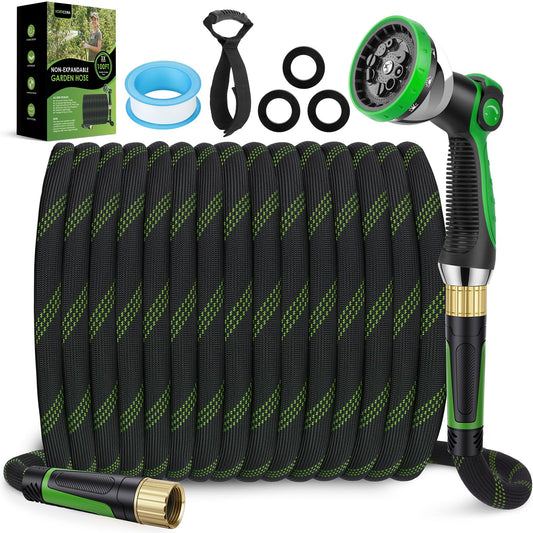 HORTICORA Non-Expanding Garden Hose 100 ft, Lightweight Hose & Flexible Water Hose With 10-Pattern Spray Nozzle, Kink-Free Design, Durable Leakproof Yard Outdoor Hose, Portable Storage Strap, 100 Feet