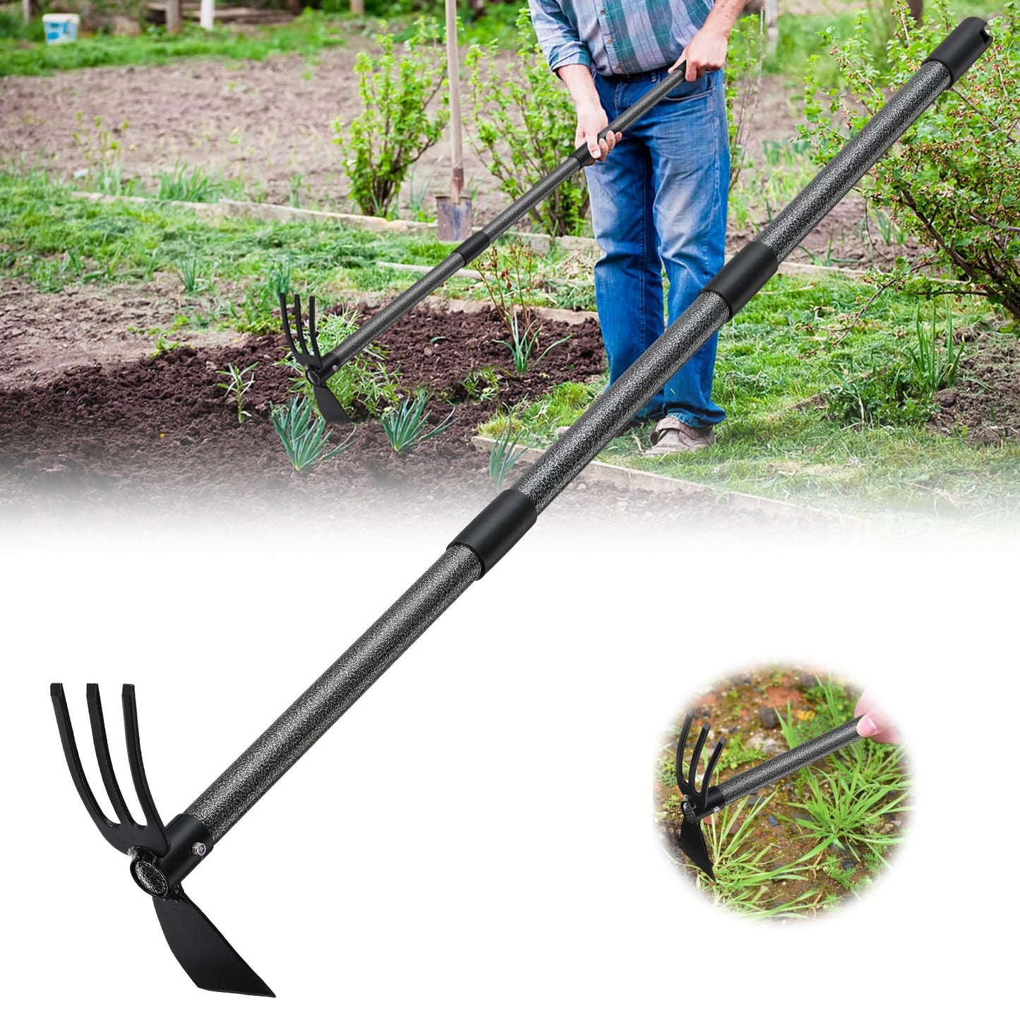 Lilyvane Garden Hoe, 2 in 1 Hand Hoe Garden Tools,45 Inch Long Handle,Garden Hoe and Cultivator for Weeding Cultivating Planting, Small Hand Rake Tiller for Flower Bed Gardening, Loosening Soil