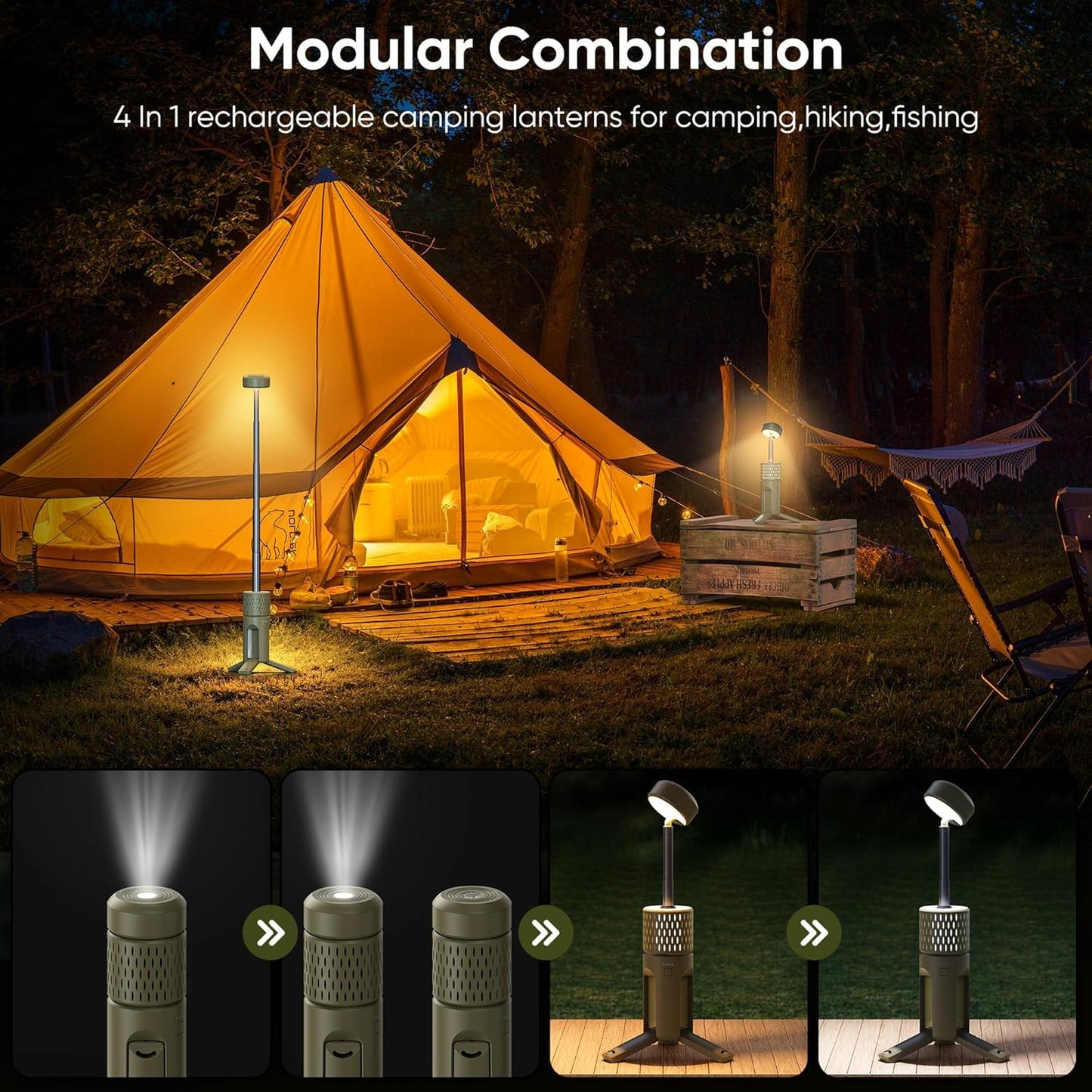 Camping Light Telescopic, Collapsible Tripod Camping Lantern, 12000mAh Rechargeable Camping Lamp with Stand, Dimmable & Portable IPX54 Waterproof Flashlight for Emergency (Military Green)