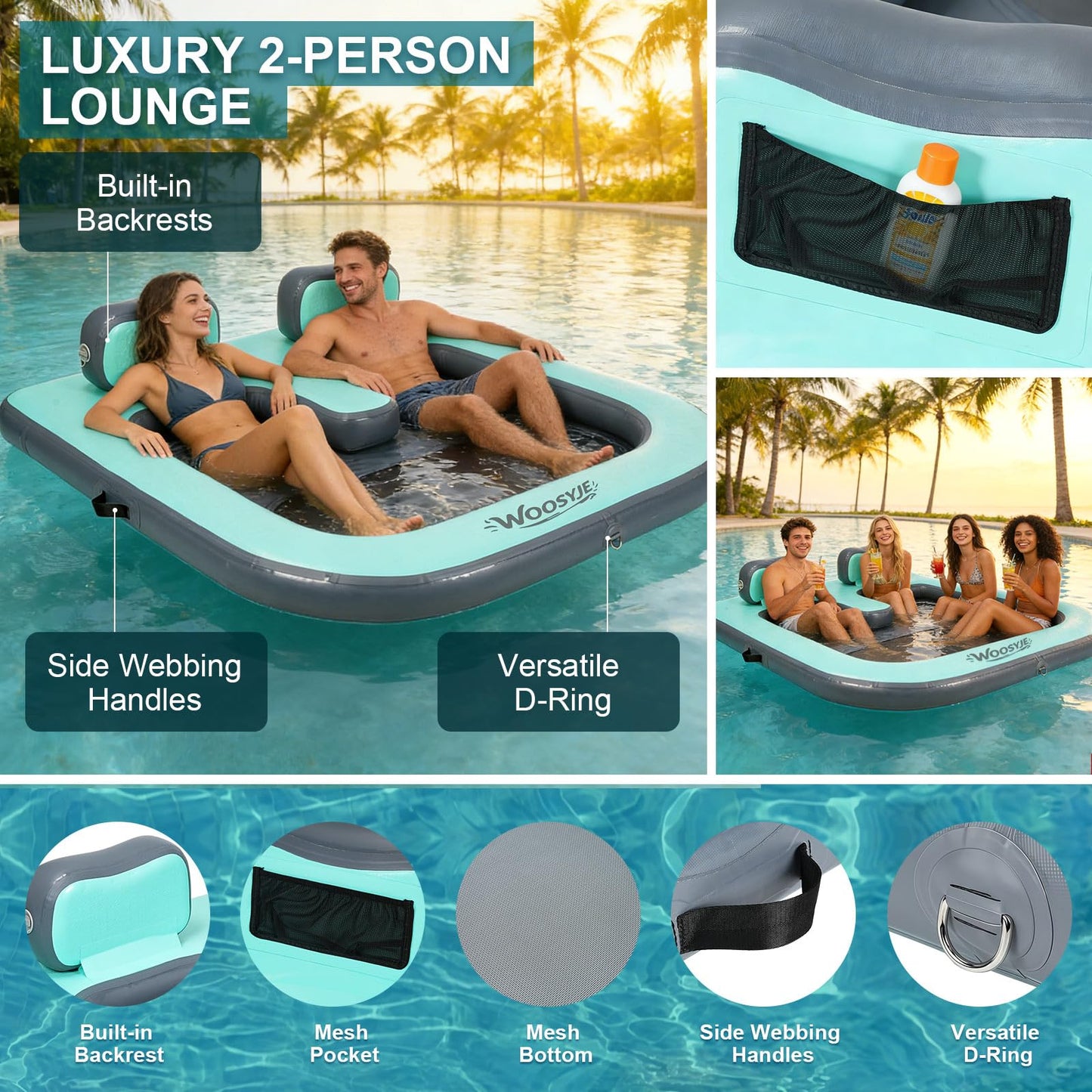 WOOSYJE 2 Person Water Hammock,Sunchill Float,Tanning Pool Floats for Adults,Heavy Duty Drop-Stitch with Mesh Bottom & Backrests,Inflatable Floating Island with Pump