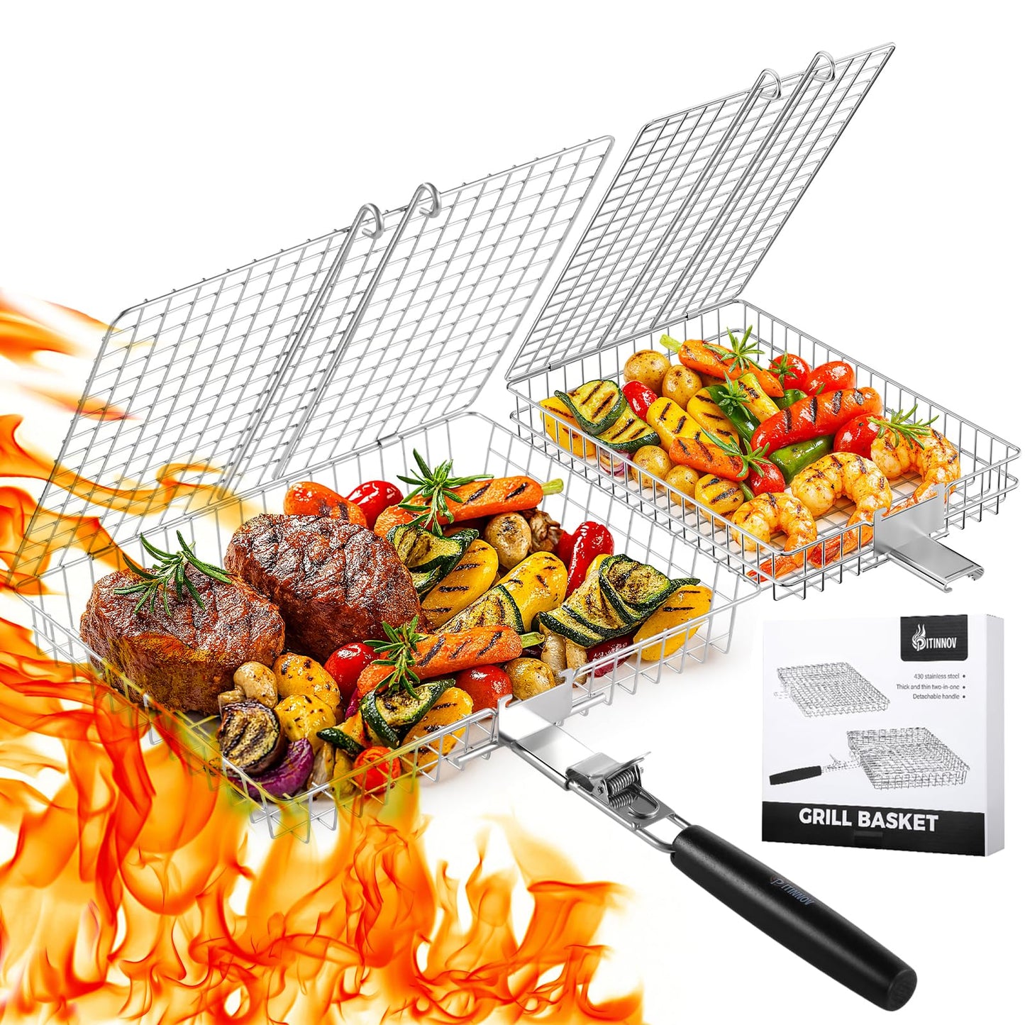 Nesting Grill Baskets, 2PCS Grilling Baskets for Outdoor with Removable Handle, Stainless Steel BBQ Camping Cooking Accessories Tools for Meat Steak Fish Vegetable Shrimp, Gifts for Men Dad Husband