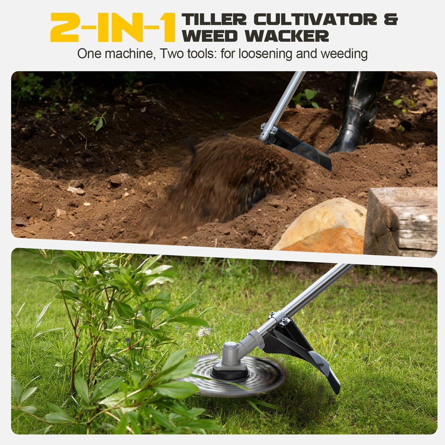 Cordless 2-in-1 Tiller Cultivator & Weed Wacker Compatible with Dewalt 20V Battery (Tool Only), 500RPM Electric Garden Tiller String Trimmer, 9" Tilling Width 9.4" Depth for Soil Lawn Cultivation