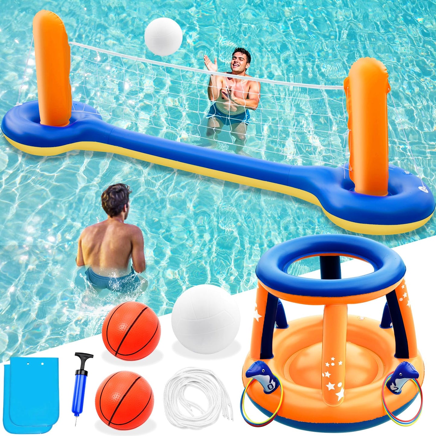 Jasonwell Pool Toys Games Set - 3 in 1 Pool Volleyball Net Basketball Hoop Ring Toss Game Inflatable Floats Water Floating Volleyball Swimming Pools Games Party Gift for Kids Adults (Orange&Blue, XL)