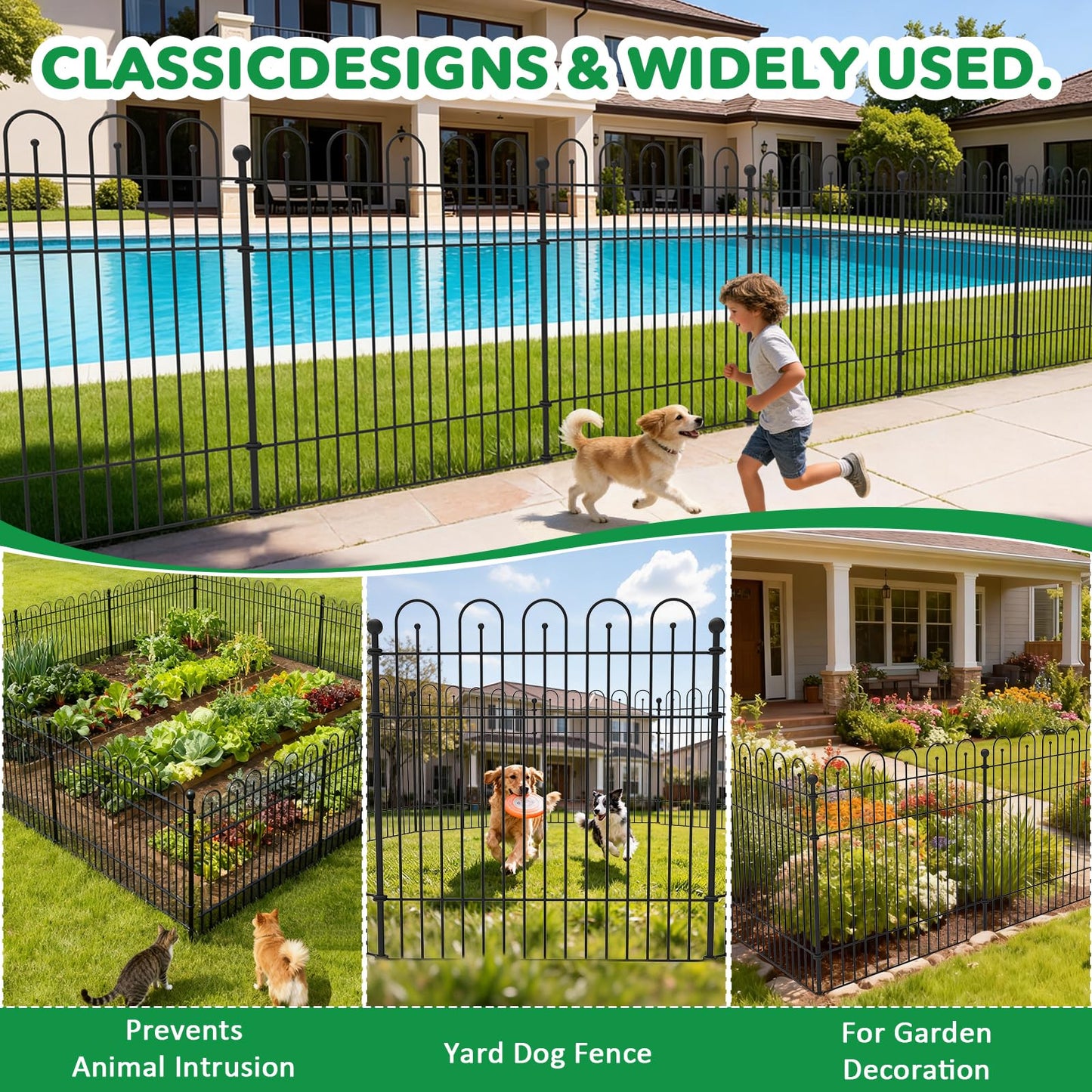 Garden Fence Animal Barrier with Gate, 32 in (H) x23.6ft (L) Decorative Garden Fence, 10 Panels No Dig, Rustproof Metal Temporary Fence, for Outdoor, Yard, Patio