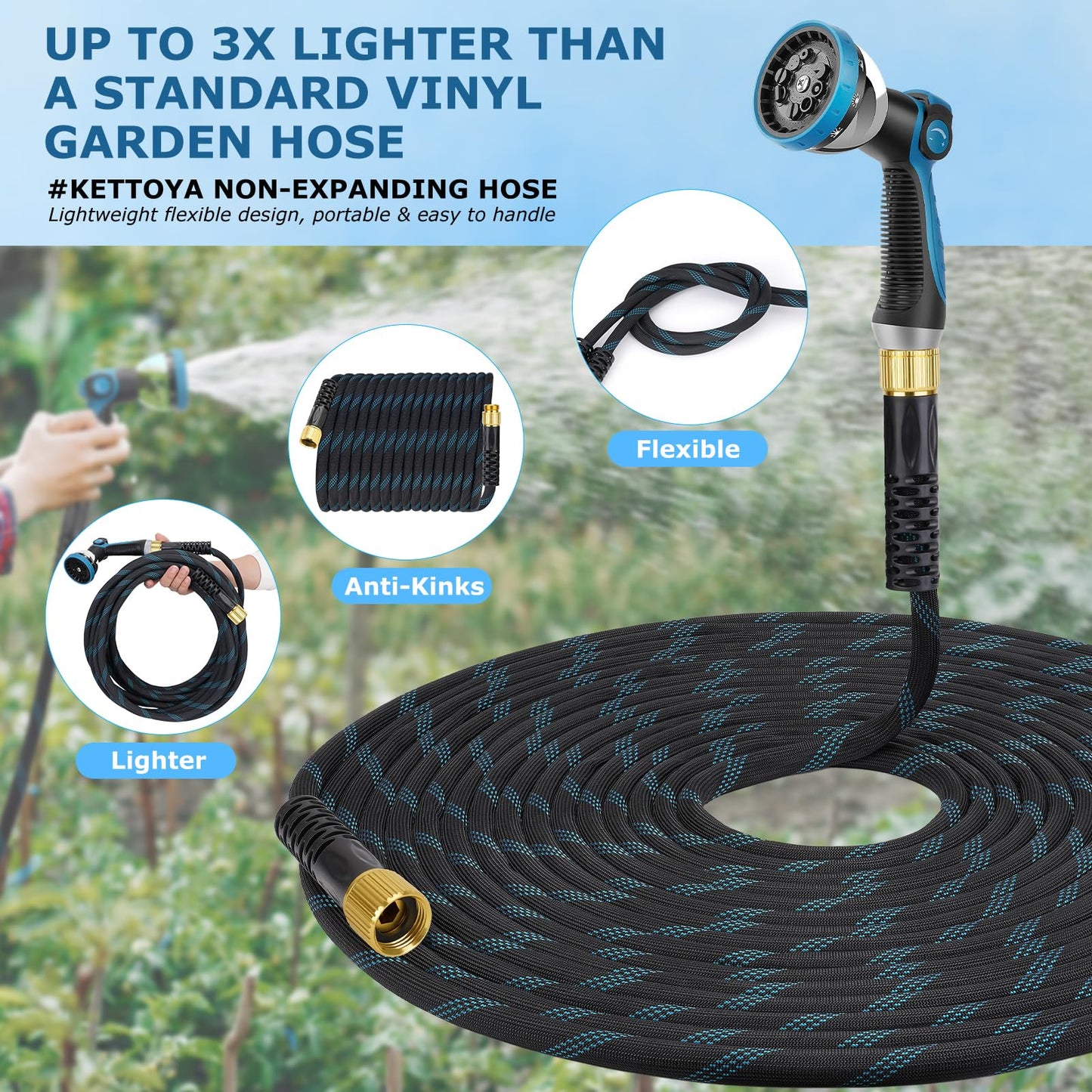 KETTOYA Non-Expanding Garden Hose 100 ft, Kink Free Flexible Water Hose with 10-Pattern Spray Nozzle, Lightweight Hose Pipe, Leak Proof, 3/4" Swivel Connectors, Super Fabric, Portable Storage Strap
