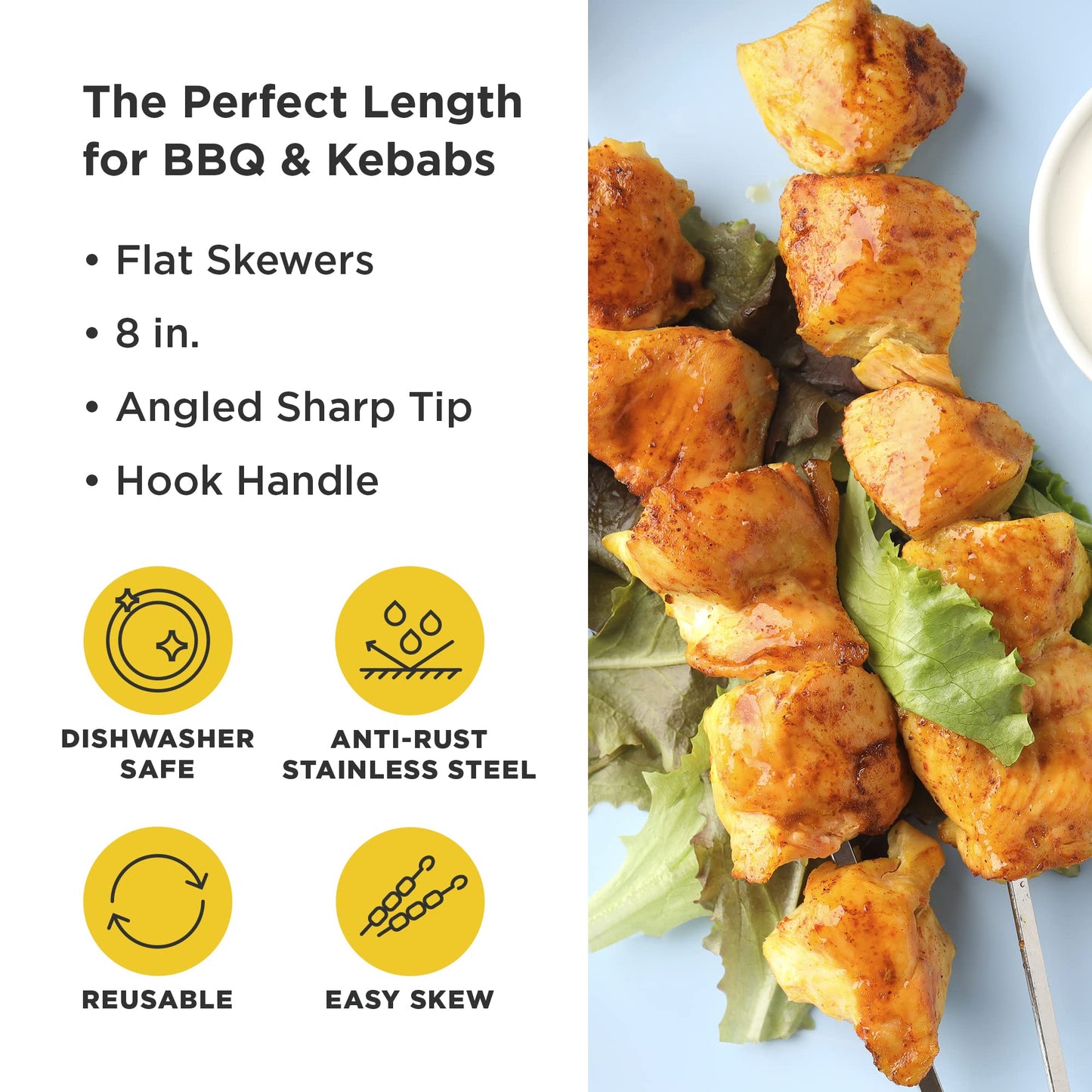 O-Yaki Flat Metal Kabob Skewer for Grilling – Set of 8 BBQ Skewers Stainless Steel with Storage Bag, Dishwasher Safe Skewers with Hook Handle & Sharp Tip for Outdoor BBQ, Cookouts & Oven Use – 8 Inch