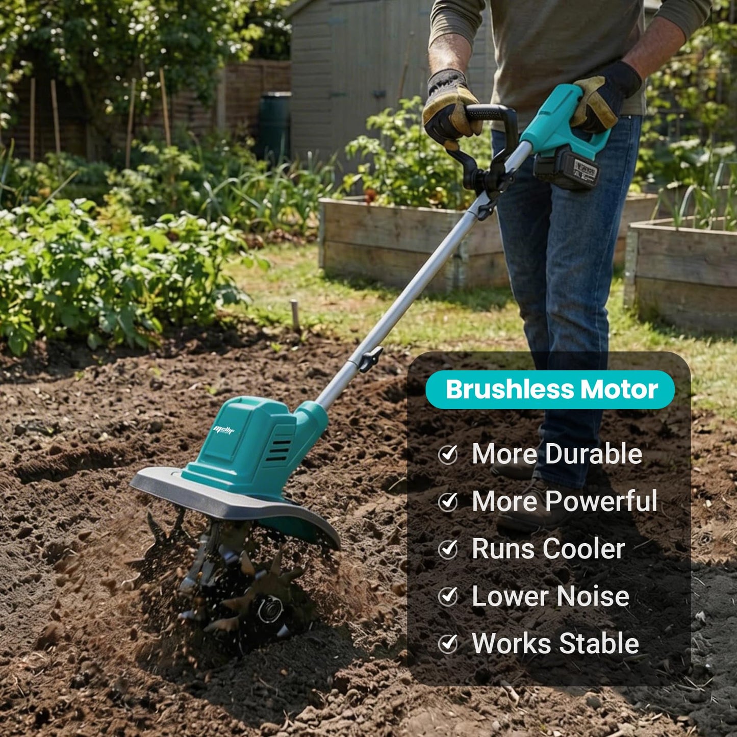 Brushless Cordless Tiller Cultivator Compatible with Makita 18V Battery (Tool Only), Electric Rototiller with 48 Steel Tines, 280RPM,10" Tilling Width,7" Depth Garden Tiller for Gardening/Soil Turning