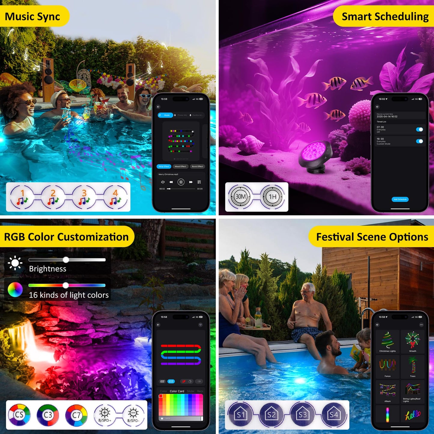 T-SUN Pond Lights LED Underwater – IP68 Waterproof Smart App & Remote Submersible Fountain Lights with 16 Million Colors Dimmable Timer for Outdoor Koi Pond Garden Waterfall Aquarium(Set of 8)