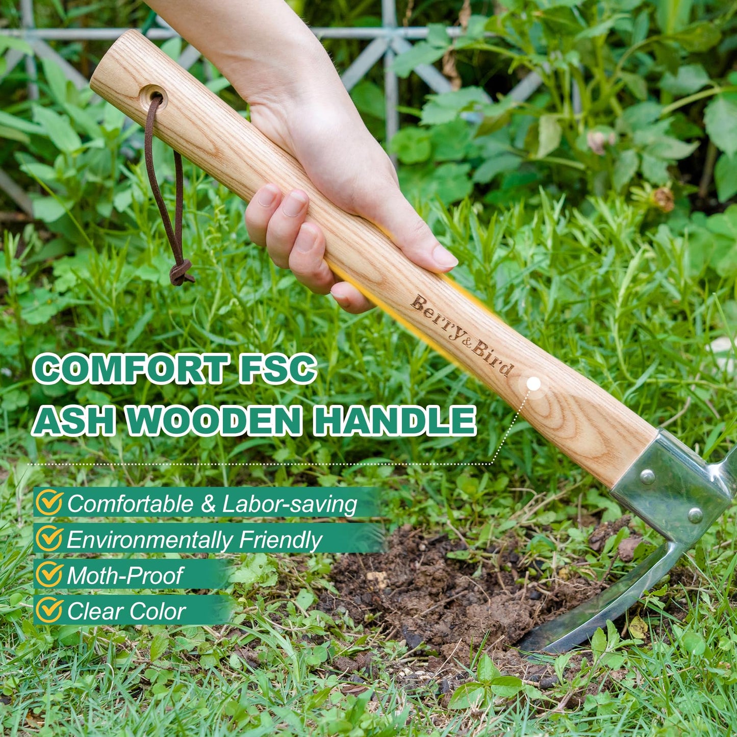 Berry&Bird Gardening Pick Axes, Stainless Steel Pickaxe Mattock Hoe with Wooden Handle, Heavy Duty Pick Axe Hand Tool for Transplanting Digging Planting Loosening Soil Camping or Prospecting