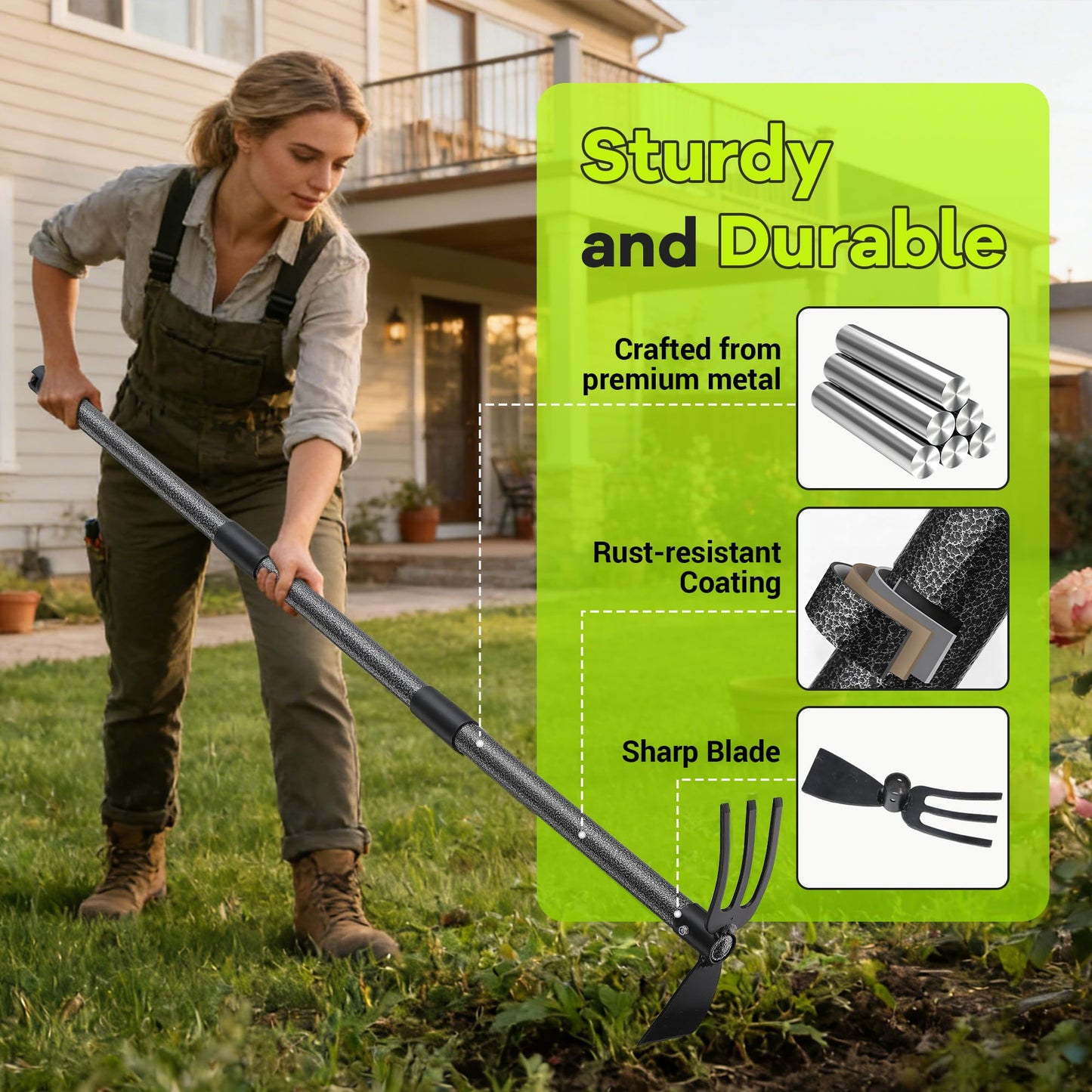 CALCHELE Hoe Garden Tool, 30-75 Inch Adjustable Garden Hoe Long Handle for Weeding, 2 in 1 Heavy Duty Hoe Cultivator Hand Garden Tools for Gardening Planting