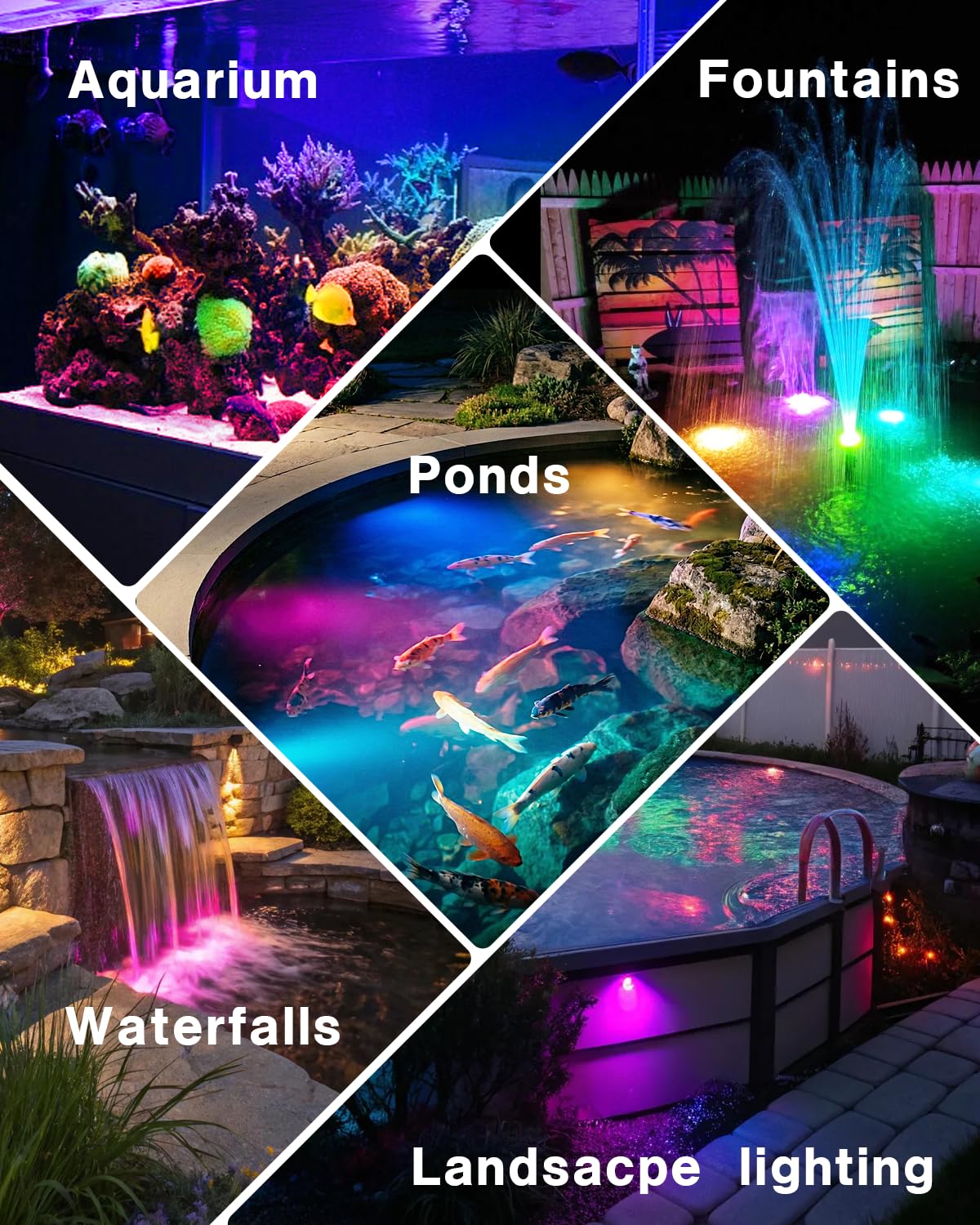 HIBOITEC LED Pond Lights, RGBWW Underwater Fountain Light with 12V Timer Transformer,Photocell Light Sensor, IP68 Waterproof Outdoor Underwater Lights for Outdoor Ponds Garden, 6 Head