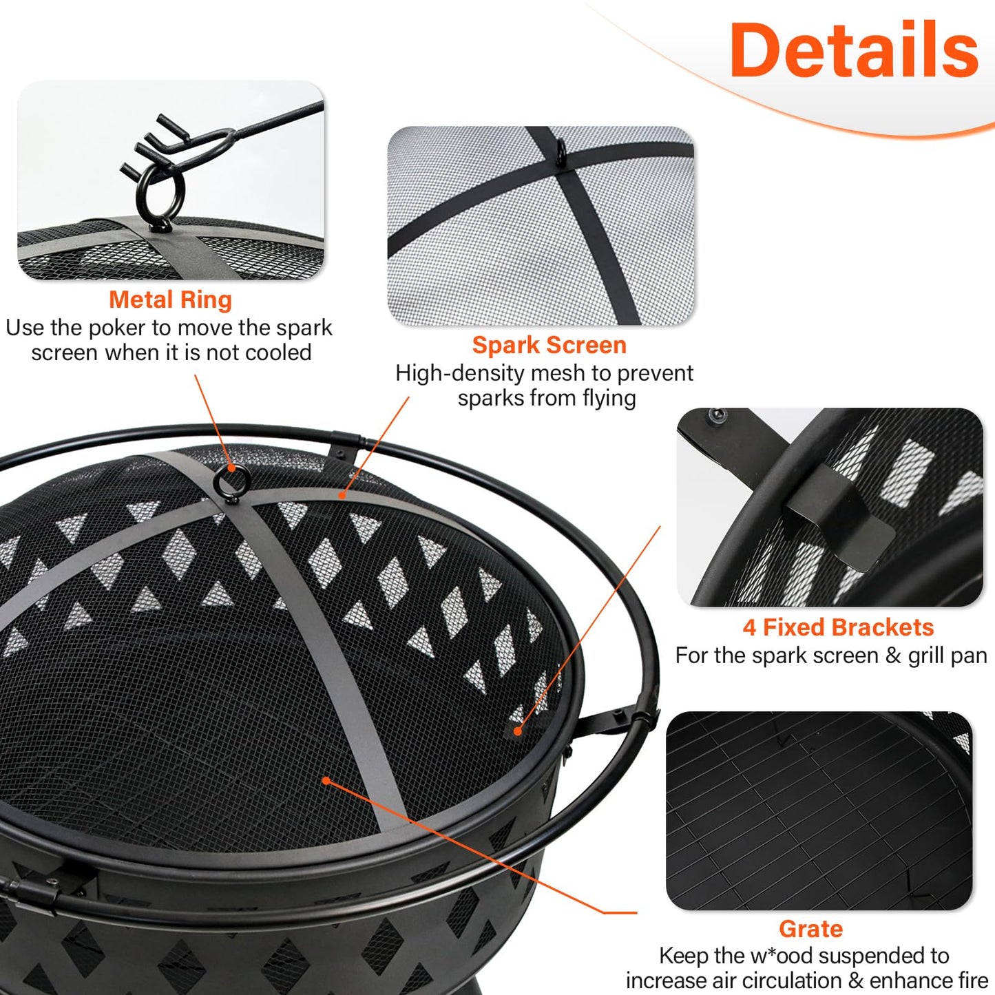 Quilushey 32 Inch Fire Pit Outdoor Burning Stove, 2 in 1 Metal Round Fireplace for Outside Bonfire Party, BBQ, Camping, Backyard, Patio, Garden w/Fire Poker, Spark Screen, Grate, Cover (Rhombic)
