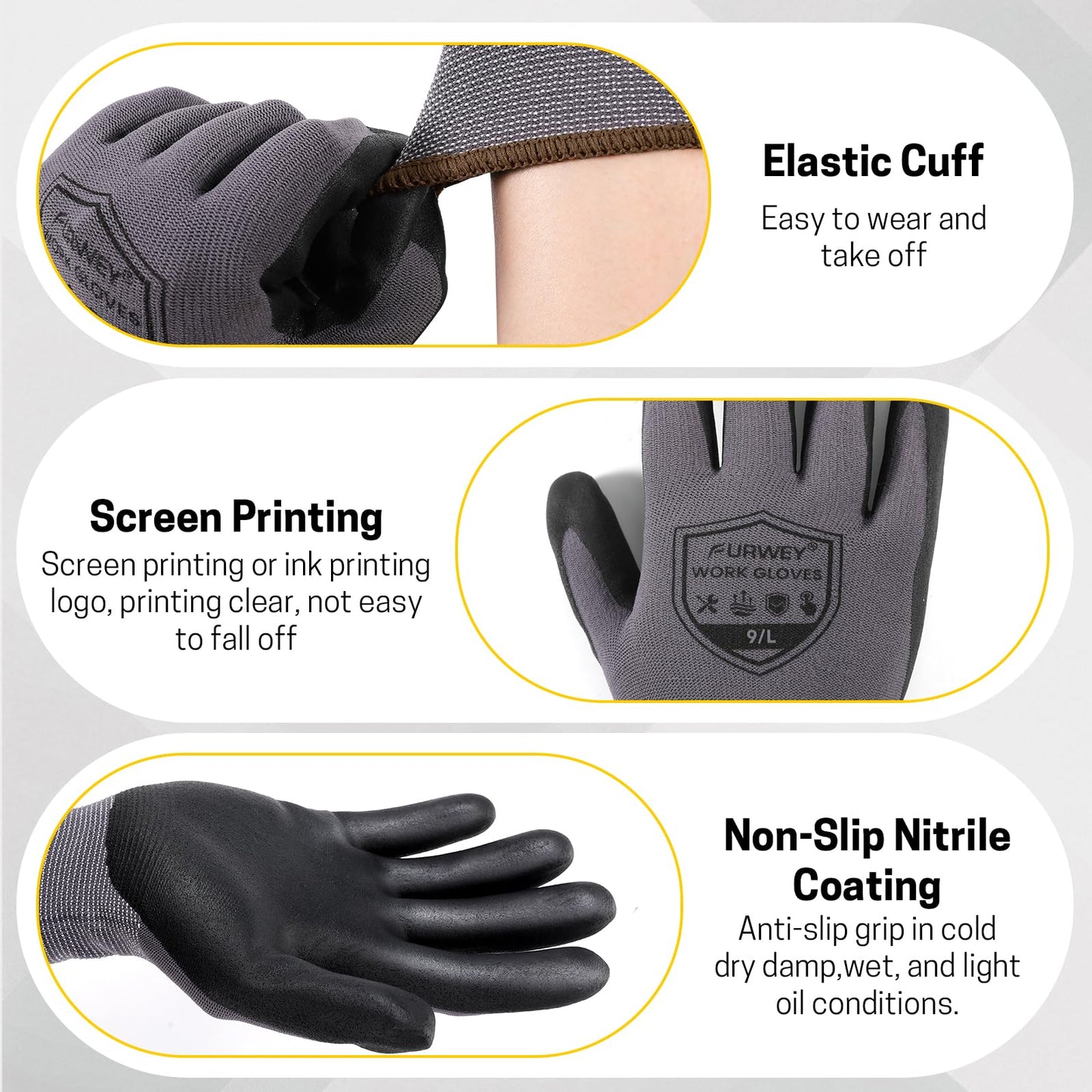 FURWEY Safety Work Gloves,16 Pairs Micro-Foam Nitrile Coated Glove for Men and Women, Touchscreen, Ideal for Warehouse Package Handling，Construction, Gardening, Medium