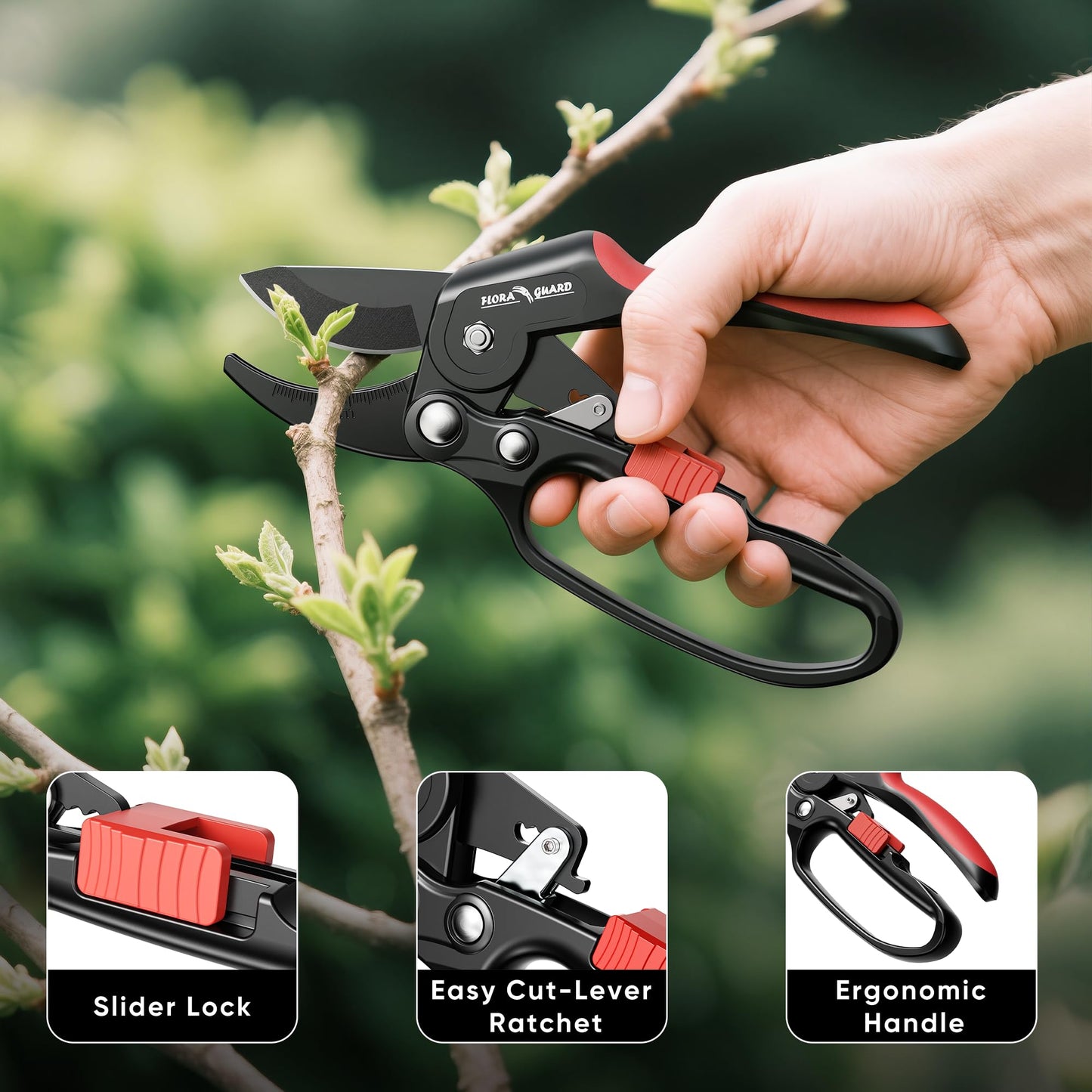 FLORA GUARD Ratchet Pruning Shears for Easy Cutting, Heavy Duty Garden Clippers for Thick Branches, 3-Step Ratcheting Hand Pruners for Weak Hands, Seniors & Gardening