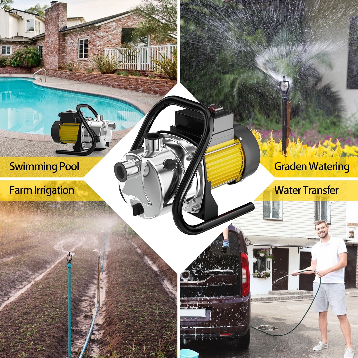 SHANGDA Water Transfer Pump 110V Shallow Well Pump 1.6HP Electric Portable Garden Pressure Booster Pumps for Sprinkler Irrigation Lawn with Adapters, Yellow