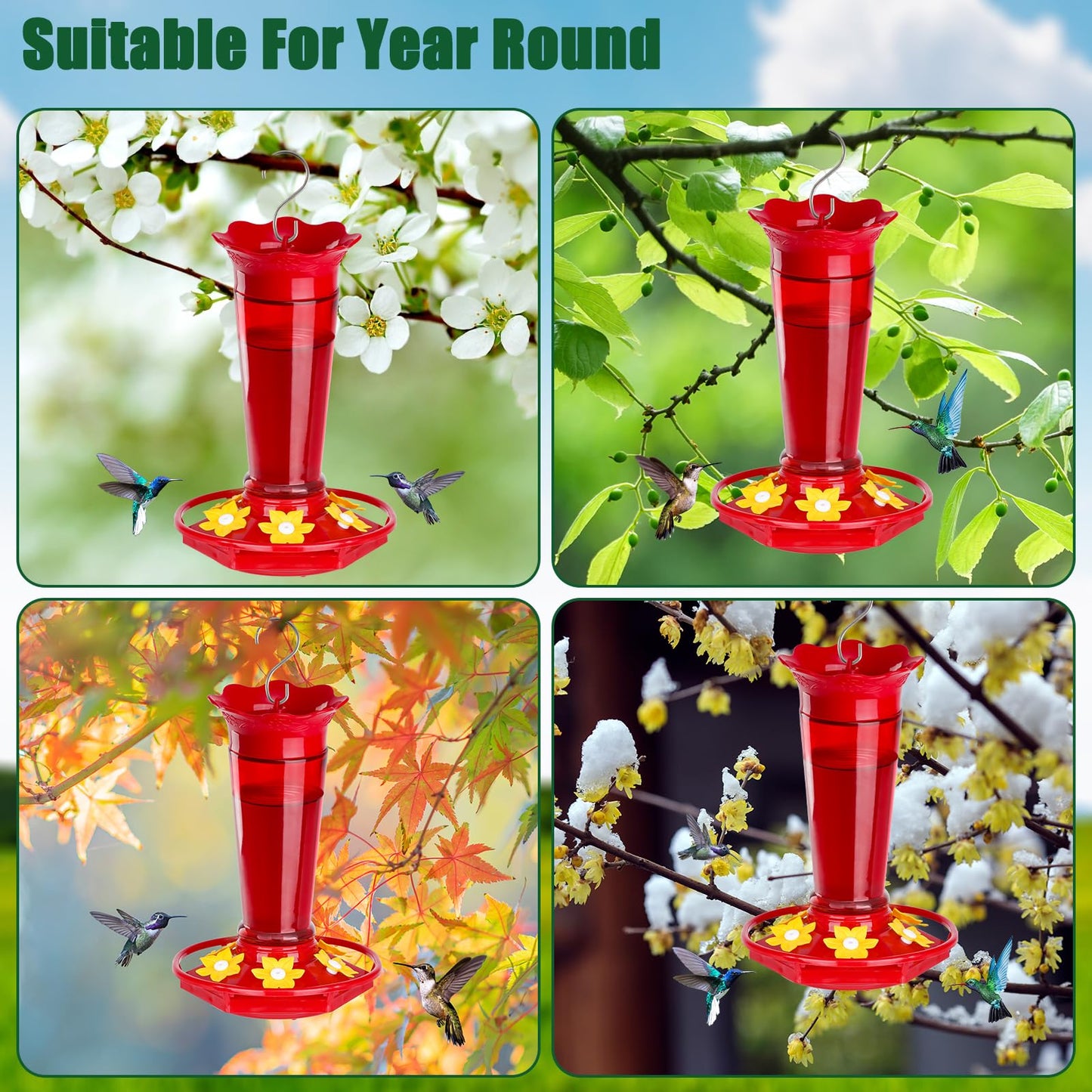 Gbekery 10 OZ Glass Hummingbird Feeders for Outdoors Hanging - Red 2 Pack, Ant & Bee Proof and 6 Feeding Ports, Garden Yard Décor Gifts for Mom