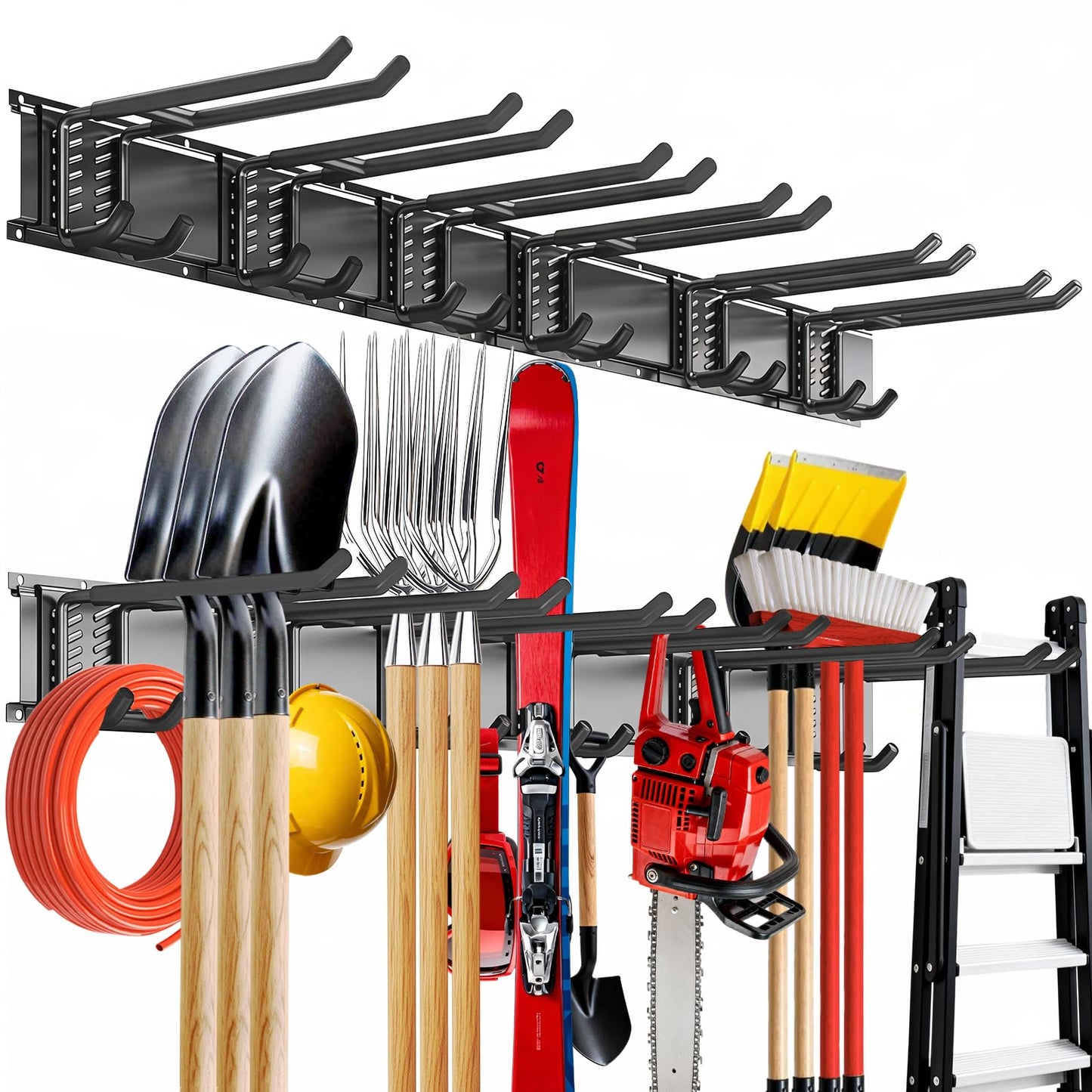 Tebgeag Garage Tool Organizer Wall Mount, 48inch Heavy-Duty Garage Storage System and Garden Tool Organizer with 6 Adjustable Double Hooks for Shovel, Snowboard, Yard Tools and Shed