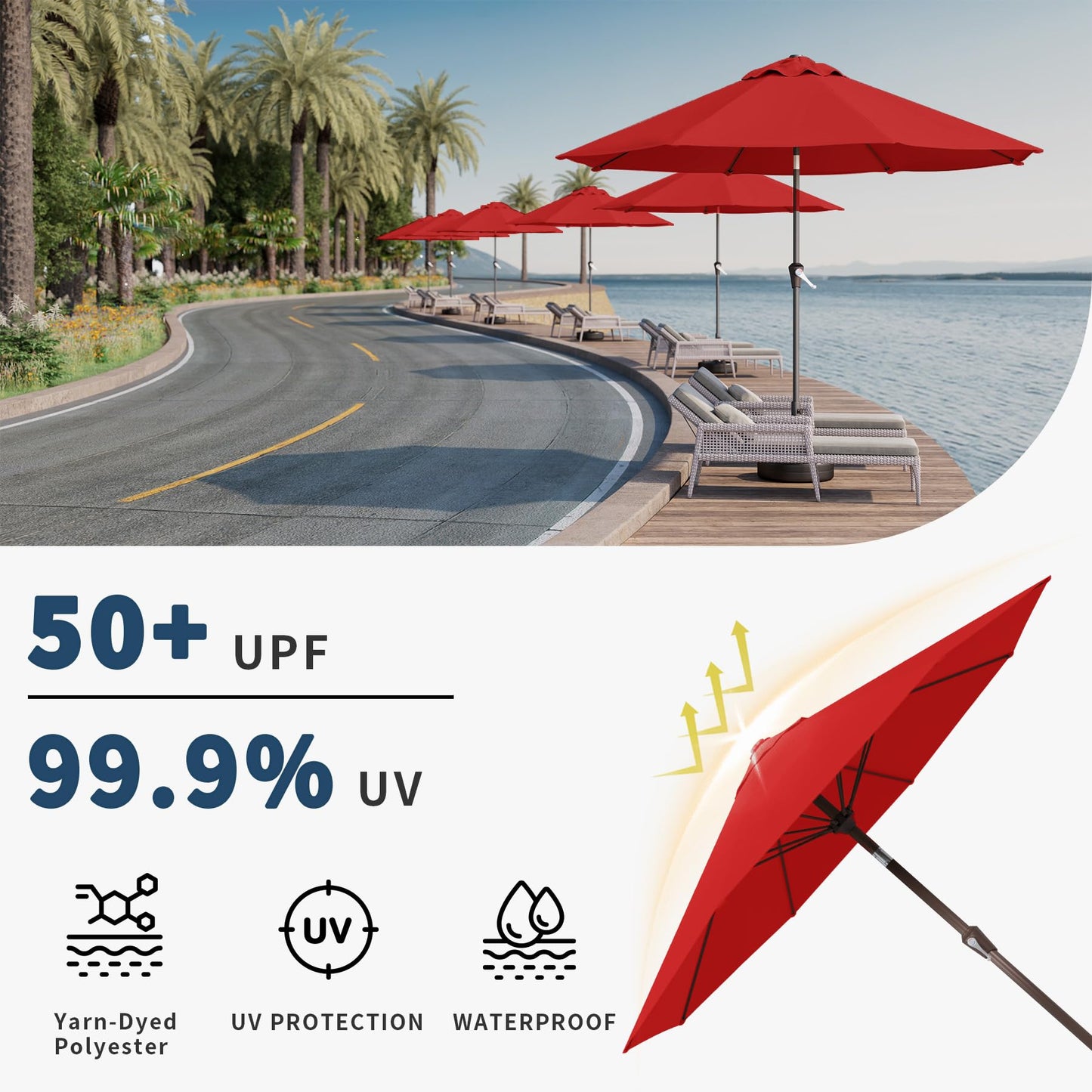 Patio Kingdom 9FT Patio Umbrella with Fiberglass Ribs, Outdoor Market Table Umbrella with Crank and Tilt, UV Resistant Waterproof Canopy for Patio, Garden, Deck, Pool, Red
