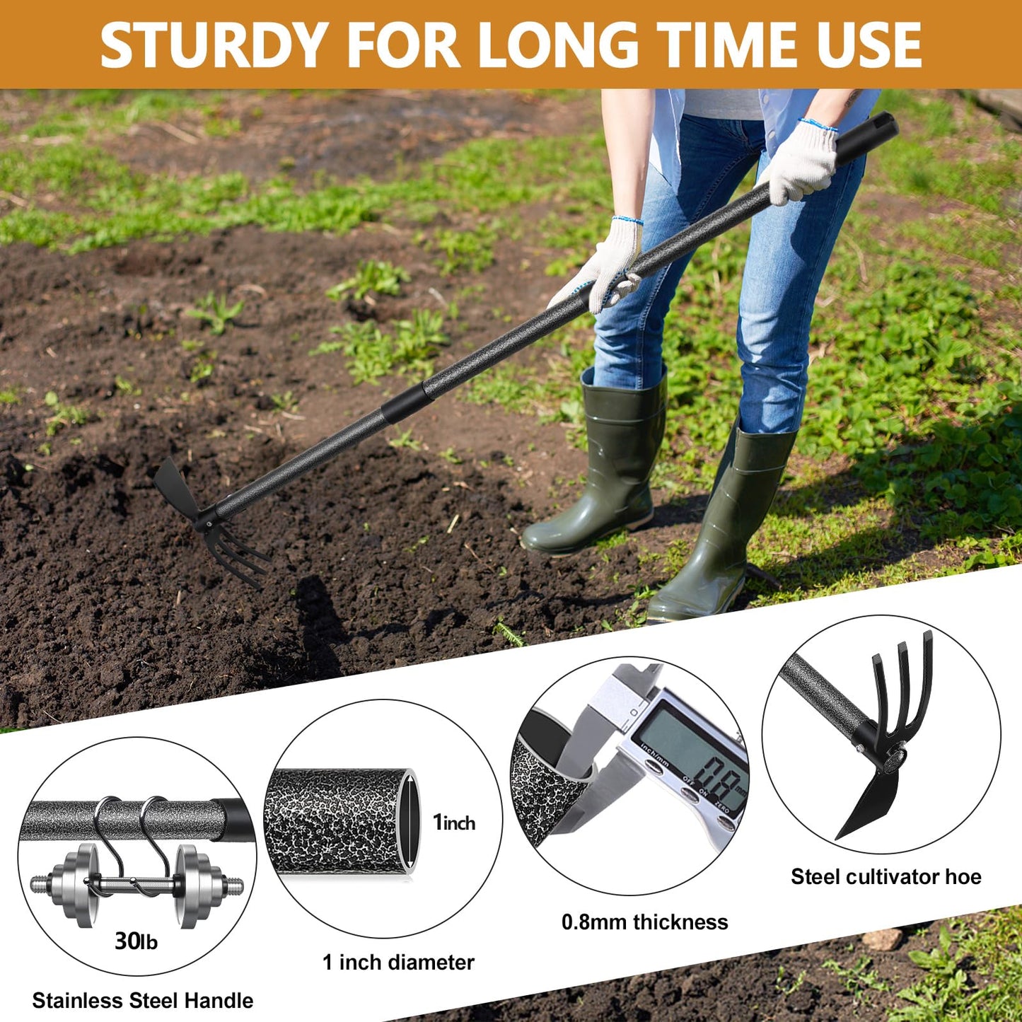 Garden Hoe Tool, 2-in-1 Heavy Duty Dual-Head Weeding Tool, 45" Adjustable Long Handle Cultivator for Weeding, Tilling, Lawn Yard Flower Bed Gardening Tool