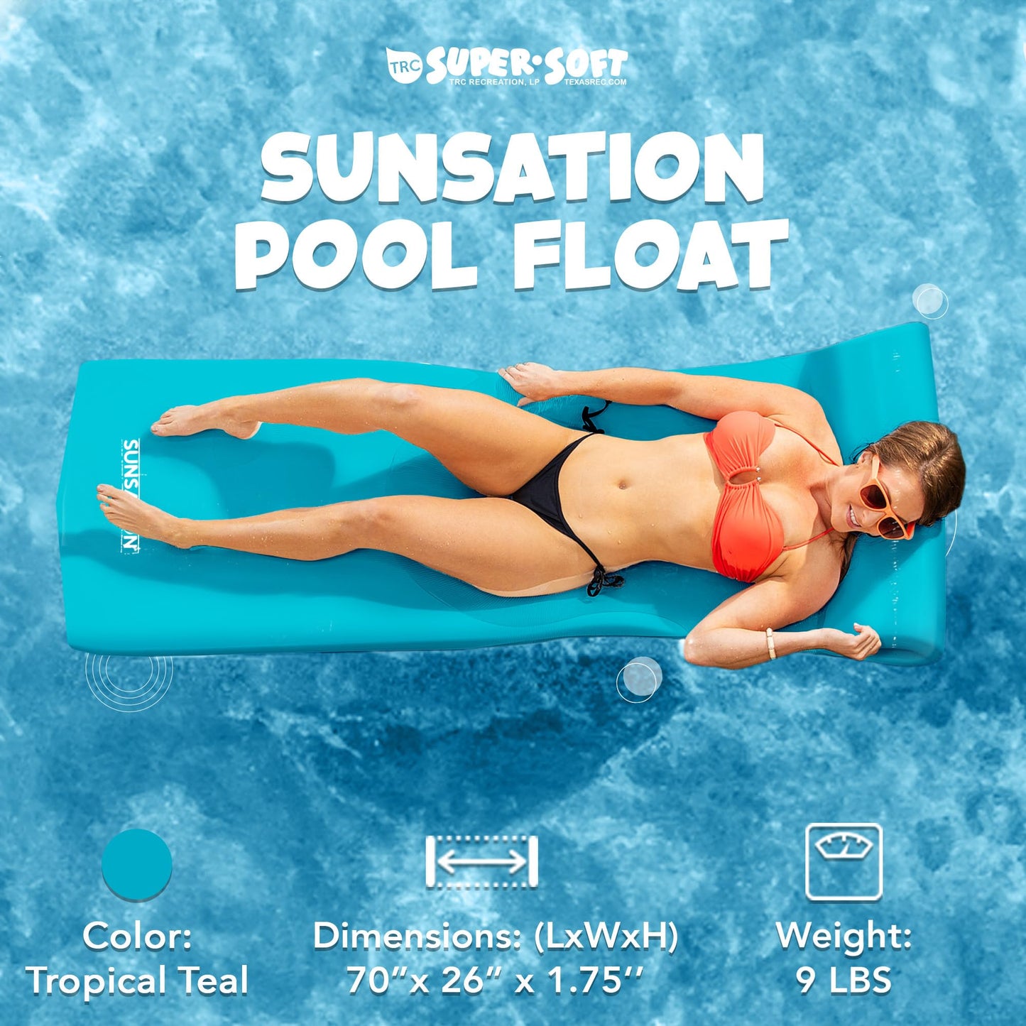 TRC Recreation Sunsation 1.75" Thick Foam Pool Float Water Lounger w/ Headrest for Adult Lounging & Sunbathing in Swimming Pools, Beaches & Lakes, 70" x 26"