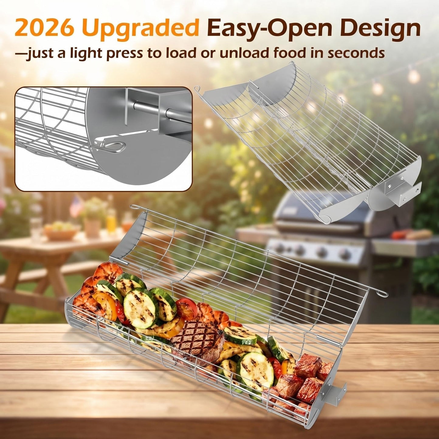 2-Pack Rolling Grill Basket with Detachable Handle, Upgraded Easy-Open Vegetable Grill Basket Set, 304 Stainless Steel BBQ Grilling Basket for Outdoor Grill Veggies, Fish, Meat- Gift for Men/ Dad/ Husband
