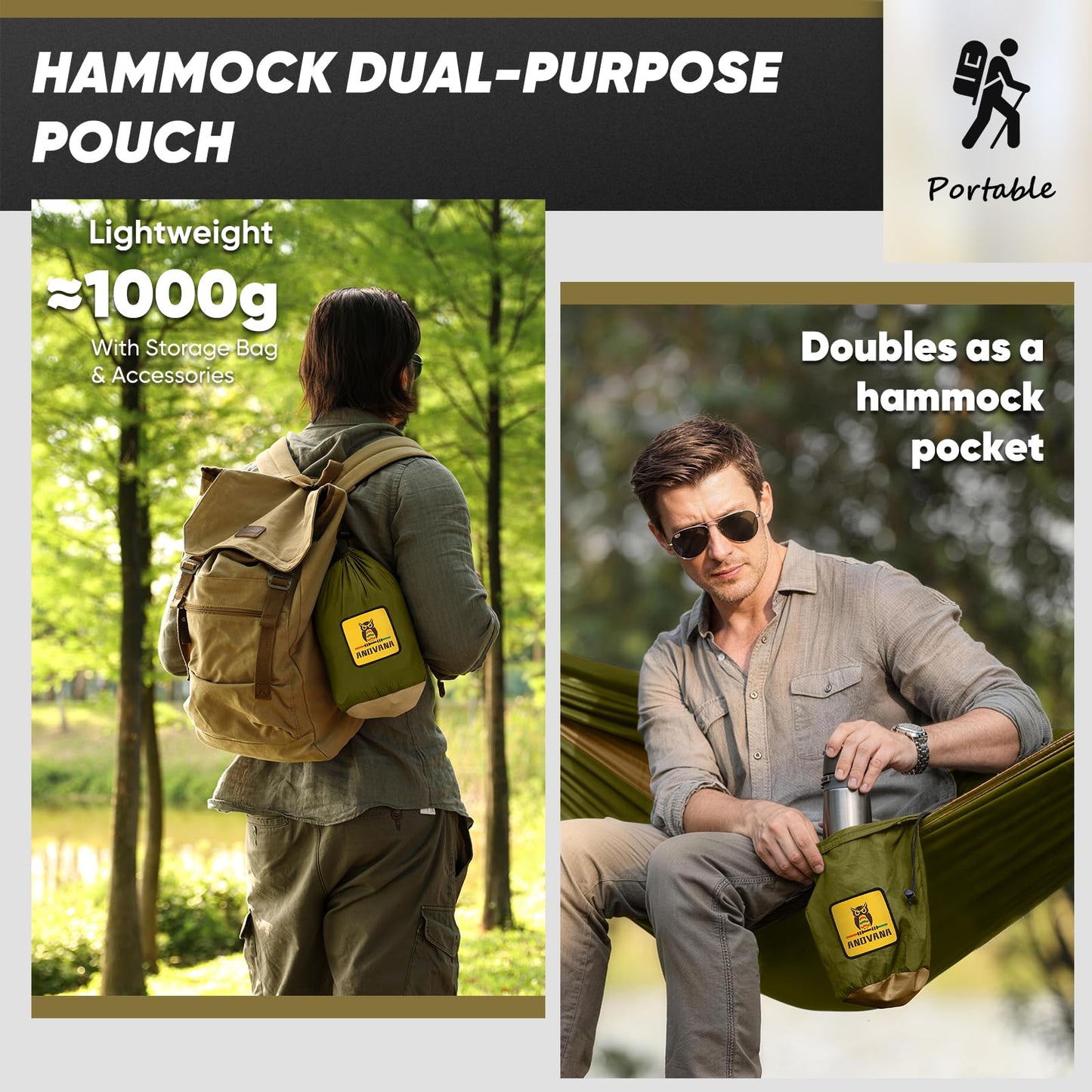 Camping Hammock with Mosquito Net, 600 lbs Portable Hammock with Tree Straps, 2-in-1 Double/Single Travel Hammock Tent for Outside/Indoor/Backpacking/Beach - Green & Khaki