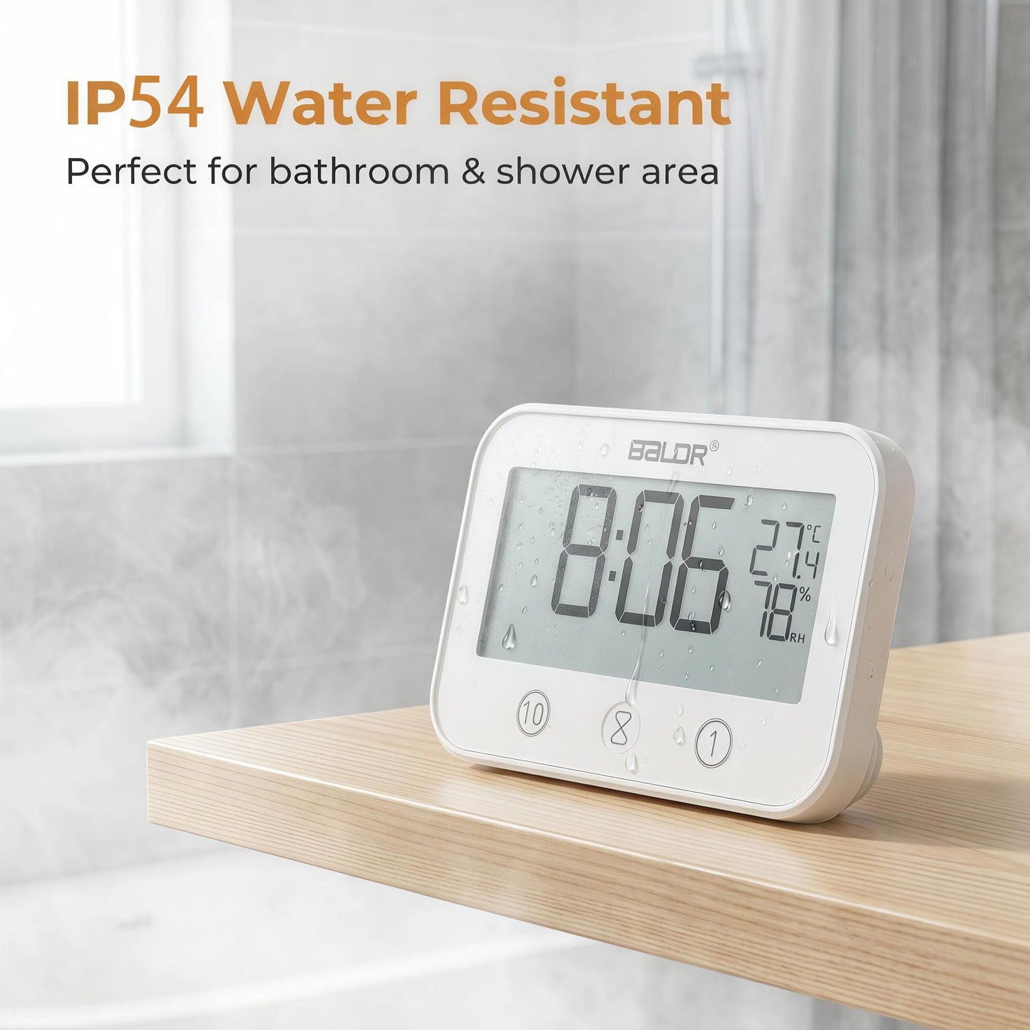 LXSZRPH Digital LCD Waterproof Timer Shower Clock, Waterproof for Water Spray, Bathroom Clock Wall Mount, Two Suction Cup, Displays Time, Temperature, and Indoor Relative Humidity (1, White)