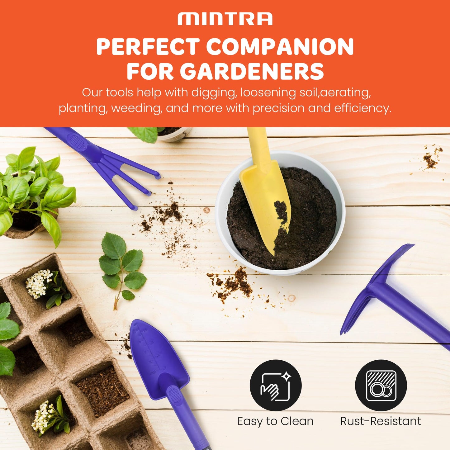 Mintra Garden Tool Set, 4 Piece Heavy Duty Gardening Tools Including Cultivator, Trowel, Shovel & Rake, Durable Poly Material & Non-Slip Handle, Garden Hand Tools Set for Gardening Gift, Lime Green