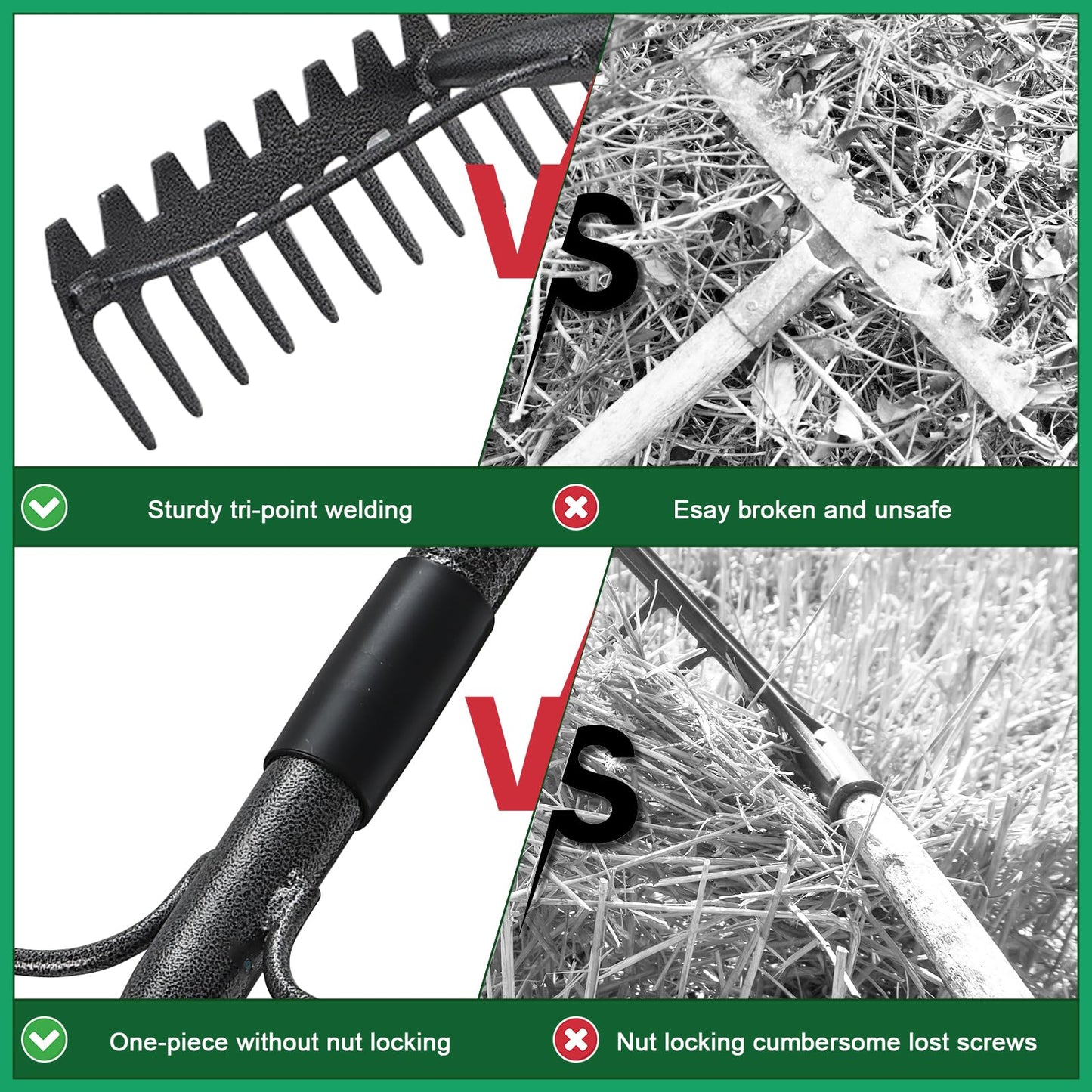 63'' Bow Rake ，17 Tines Metal Head Rakes with Stainless Steel Handle，Heavy Duty Garden Rake for Loosening Soil Gathering Leaf Leveling Lawn Farming Land Management Yarn Thatch Rake