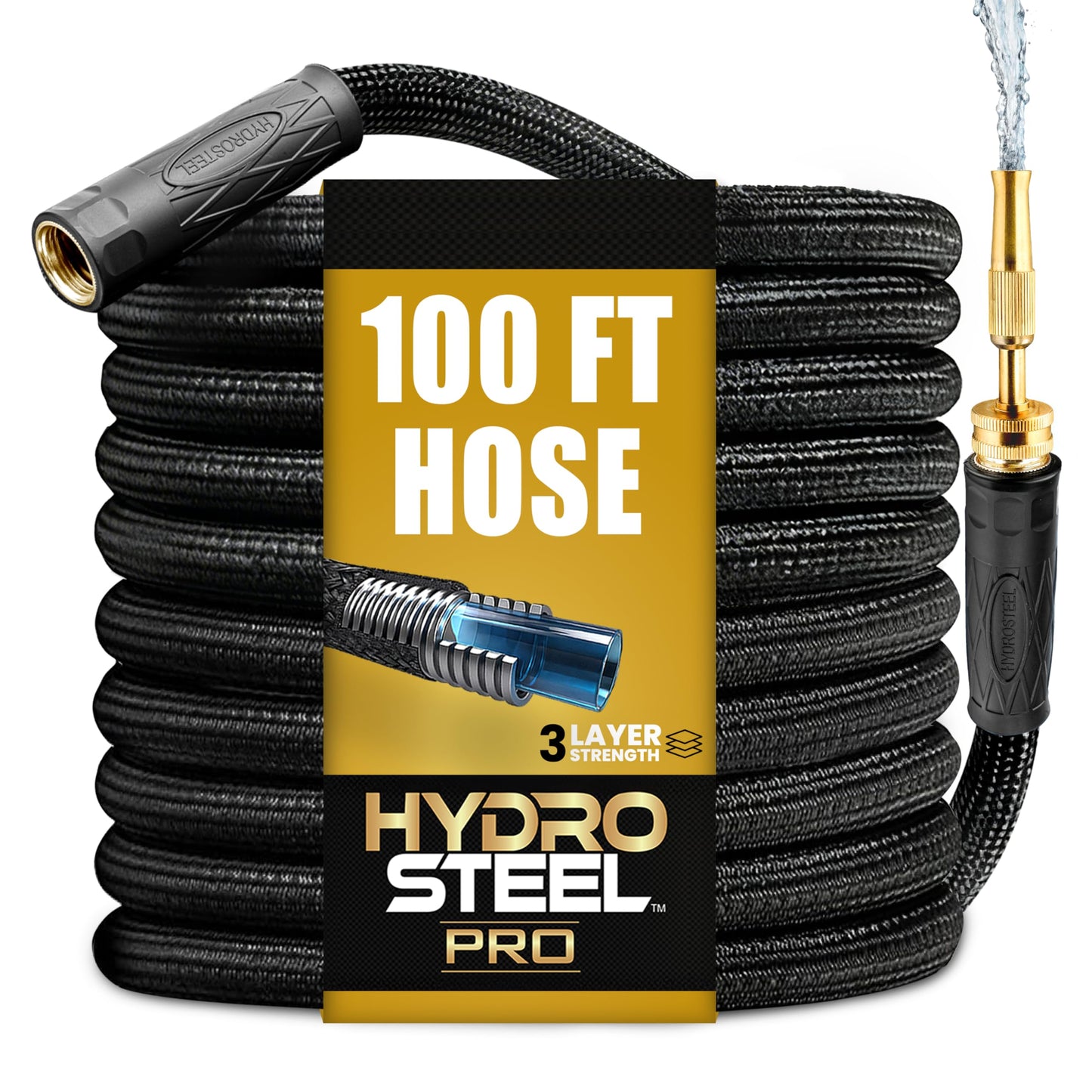 Hydrosteel PRO 100 Ft Metal Garden Hose with Nozzle, Water Hose Made from Heavy Duty 304 Stainless Steel, Flexible, Lightweight, Brass Crush Resistant Fittings, Kink Free, 5/8” Diameter, 600 PSI