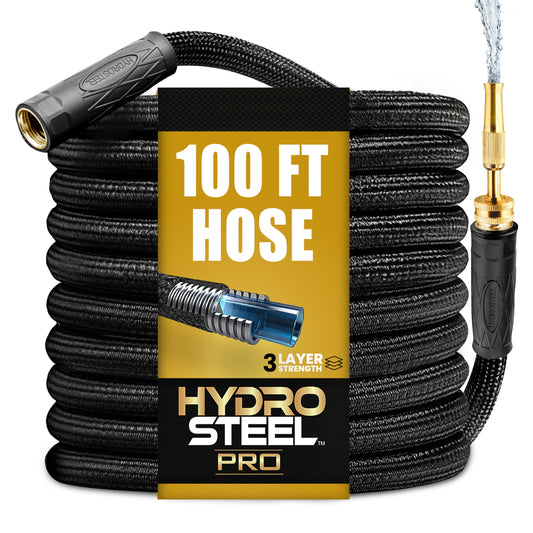 Hydrosteel PRO 100 Ft Metal Garden Hose with Nozzle, Water Hose Made from Heavy Duty 304 Stainless Steel, Flexible, Lightweight, Brass Crush Resistant Fittings, Kink Free, 5/8” Diameter, 600 PSI