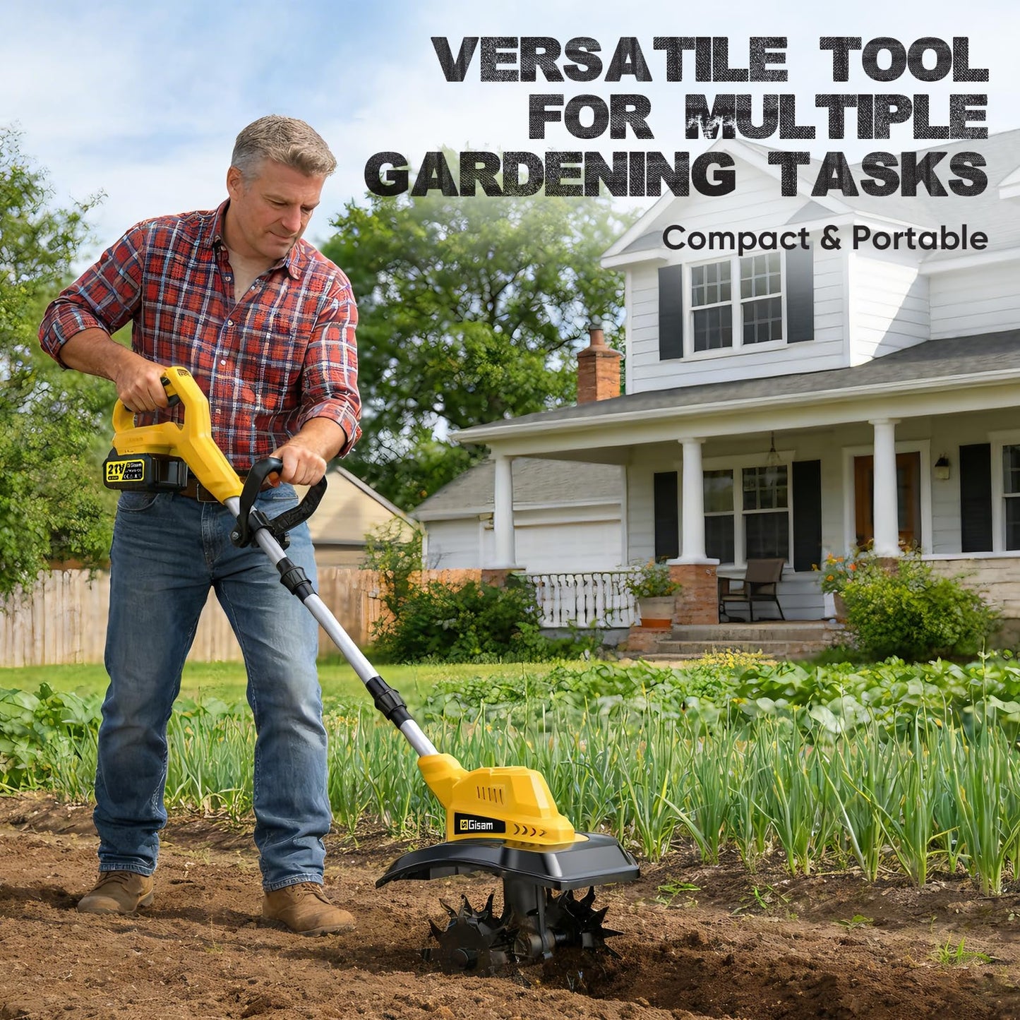 Cordless Tiller Cultivator, 400RPM Electric Rototiller with 2×4.0Ah Battery & Charger, 9" Width 8.3" Depth, Adjustable Foldable Garden Tiller with LED Power Display for Gardening/Soil Cultivation
