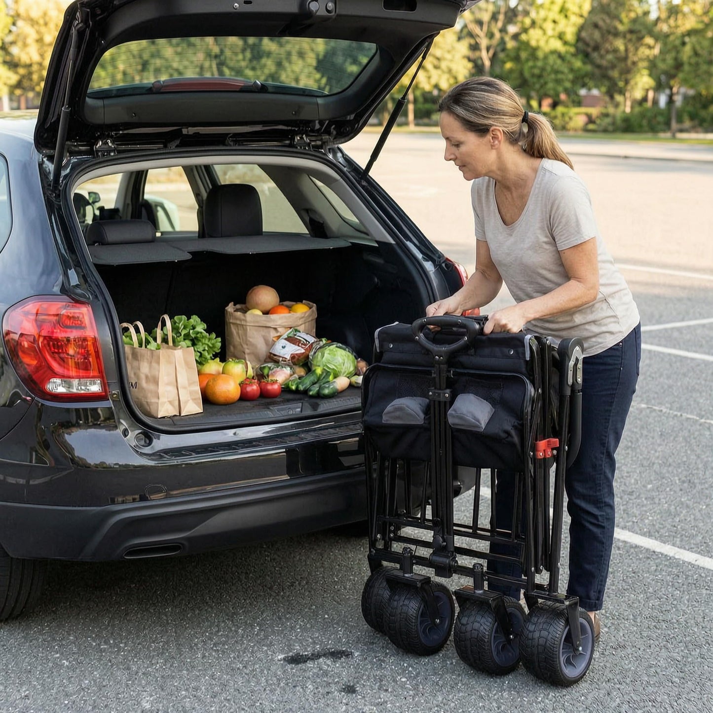 TMZ All Terrain Utility Folding Wagon, Collapsible Garden Cart, Heavy Duty Beach Wagon, for Shopping, Camping, and Outdoor Activities with Push Handle and Brake (Black/Grey)