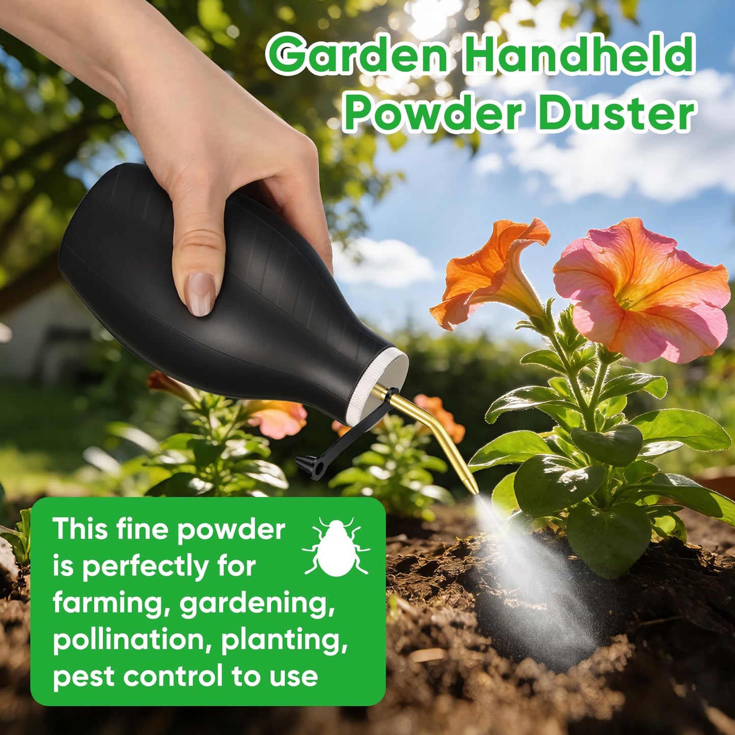 12oz Powder Duster Large Bulb Duster Sprayer, Garden Handheld Powder Applicator Dispenser with 9.6 inch Long Metal Tube Insect Duster Dust Application Tool for Garden Home and Farm Use