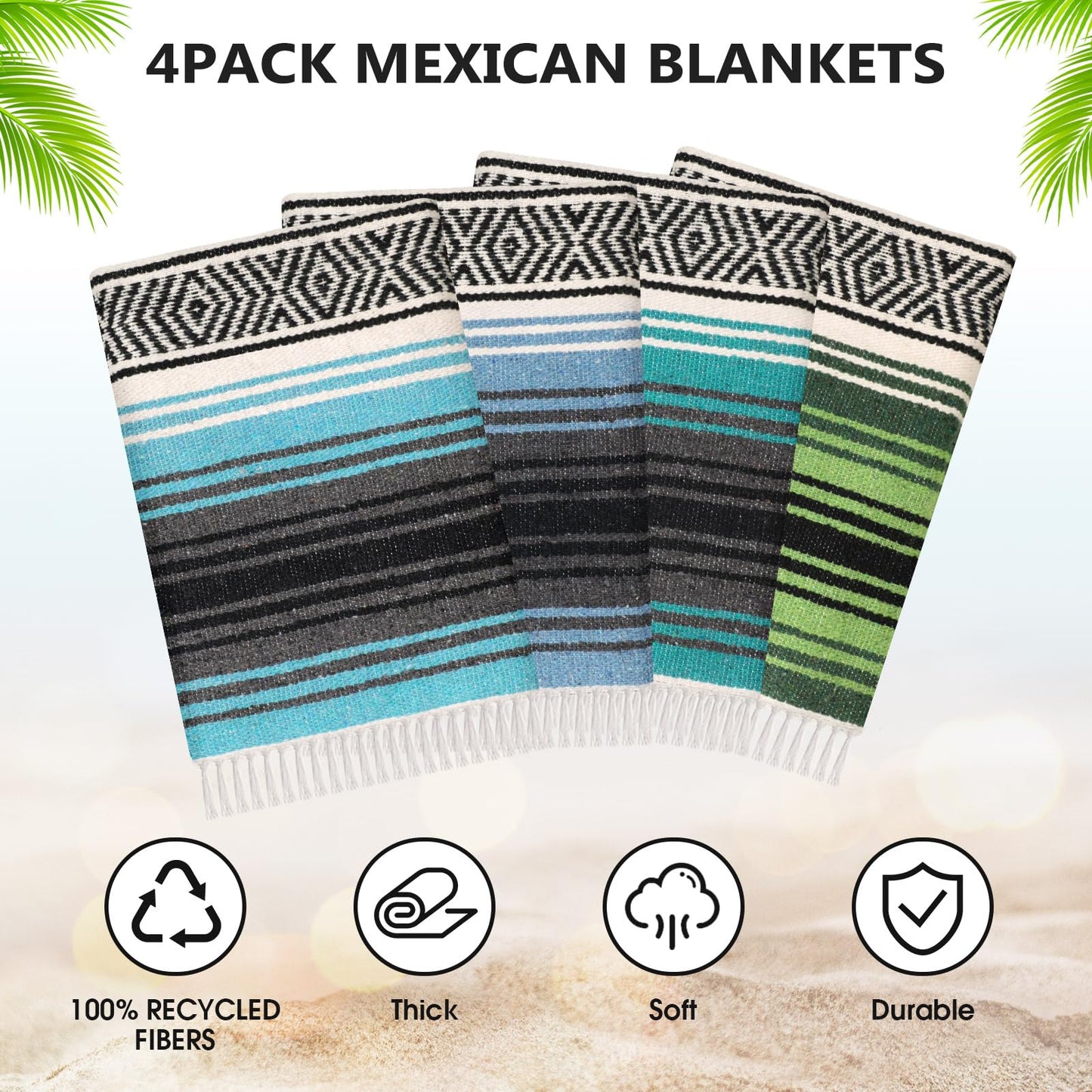 Oudain 4 Pcs Mexican Blankets Bulk Handwoven Mexican Yoga Blanket Towel Colorful Falsa Serape Woven Throw Blanket Boho Beach Blankets for Outdoor Camping Beach Picnic Travel Home (Blue Green)