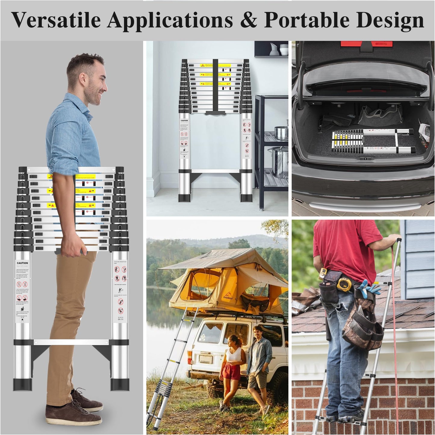 Telescoping Ladder, 16.5 FT Aluminum Extendable Ladder, 330 Lbs Capacity, Collapsible Folding Ladder for House, Roof, RV & Travel Trailer (Silver)