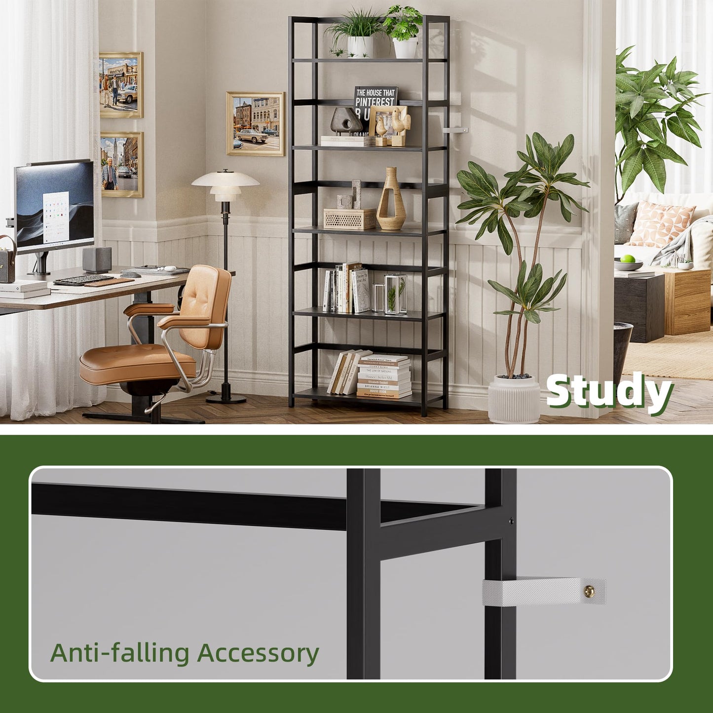vovala 5-Tier Bamboo Wood Ladder Bookshelf, Tall Display Storage Shelf, Large Bookcase Modern Industrial Stand Organizer for Home, Office, Living Room, Kitchen, Bedroom, Black