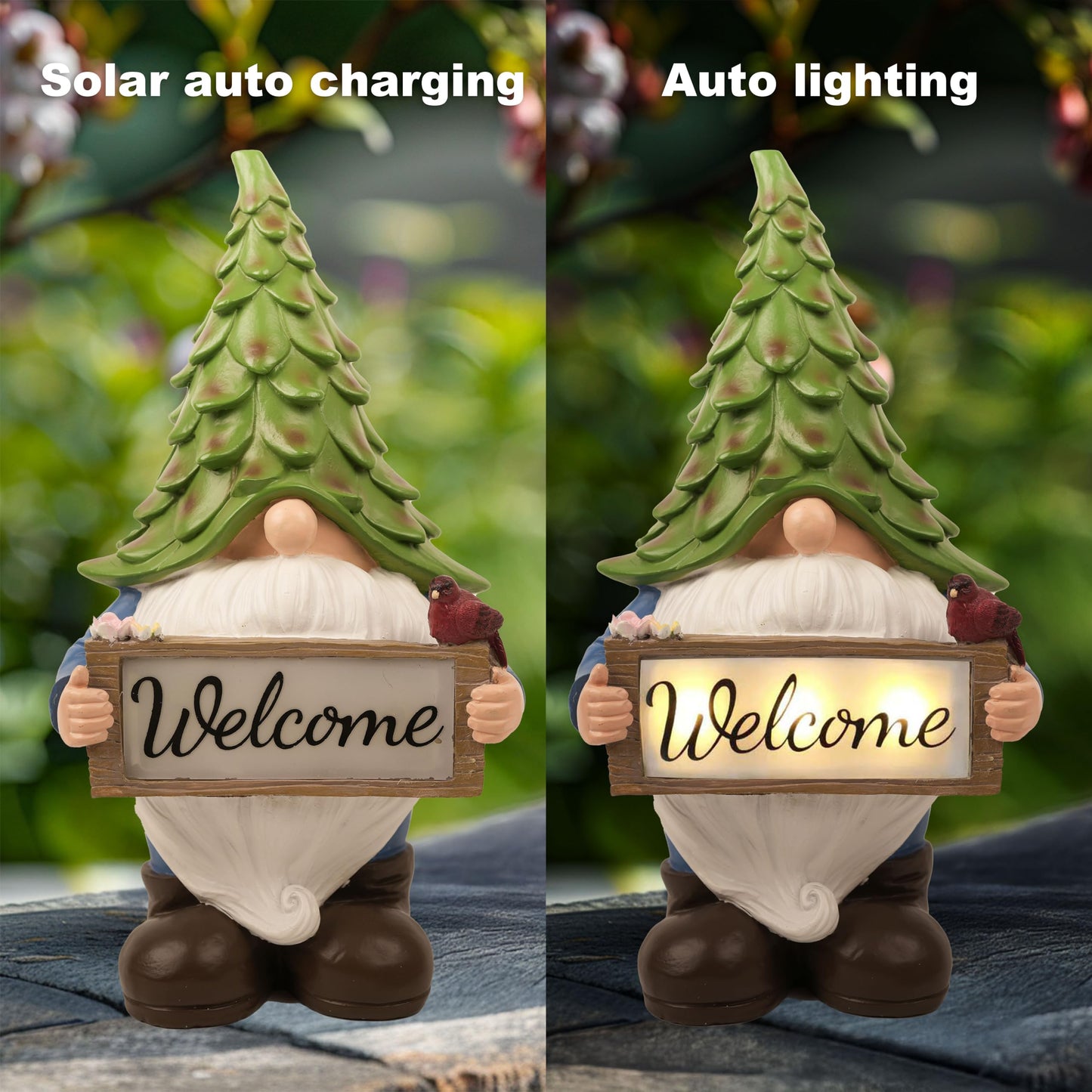 hvfun Large Garden Gnome Statue with Solar Lights, 13.5” Welcome Sign Gnome Outdoor Decor for Yard Lawn Patio, Funny Resin Gnome Sculptures, Gifts for Women Mom Grandma,Garden Decor Ornament